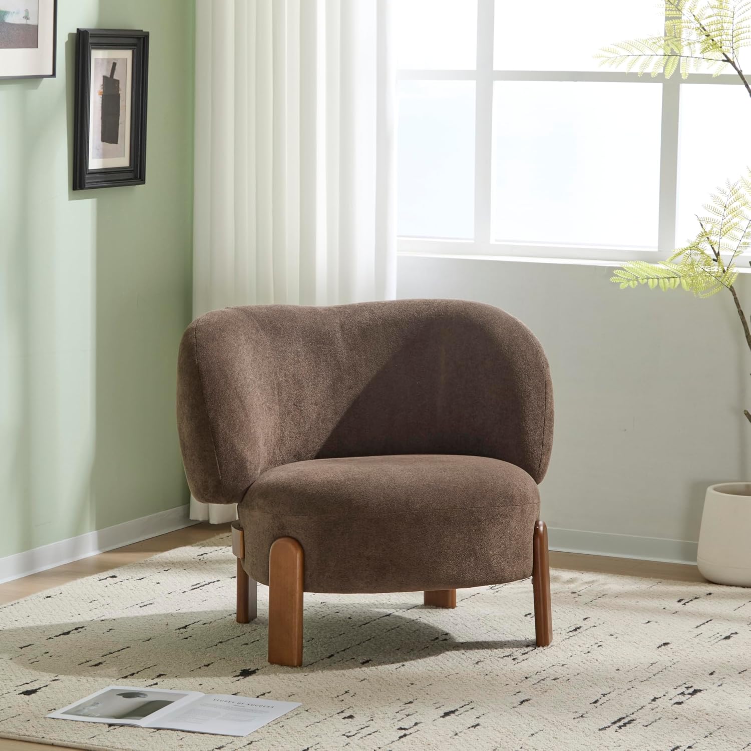 Christopher Knight Home Lily Solid Wood Wingback Accent Chair, Fabric Upholstered Club Chair, Curved Backrest Single Sofa, Comfy Reading Lounge Chair for Living Room, Soft Cushion Seating, Dark Brown