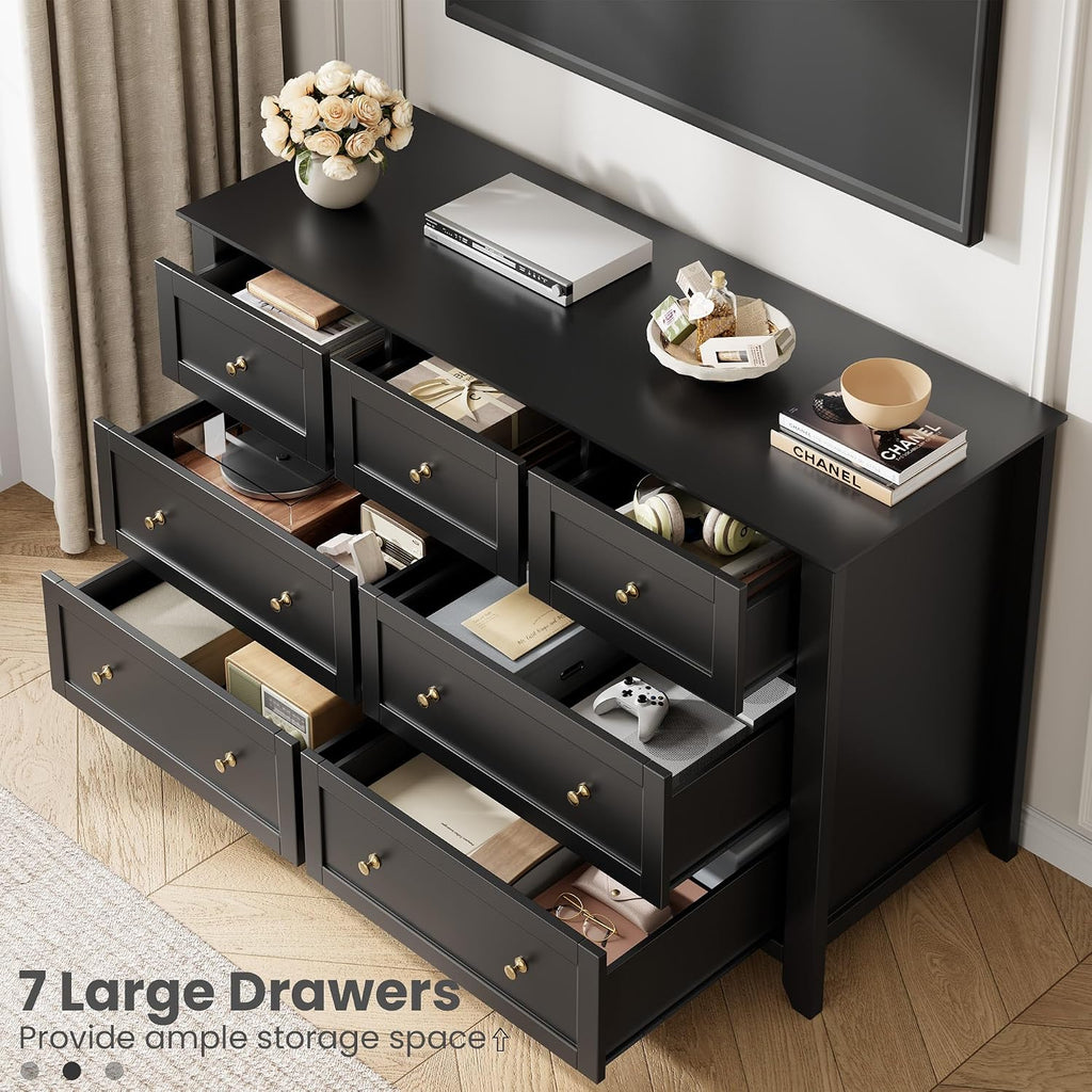 IDEALHOUSE Black 7 Drawer Dresser for Bedroom, 54' Wide Dresser with Deep Drawers & Metal Knobs, Modern Large Wooden Chests of Drawers for Entryway, Hallway