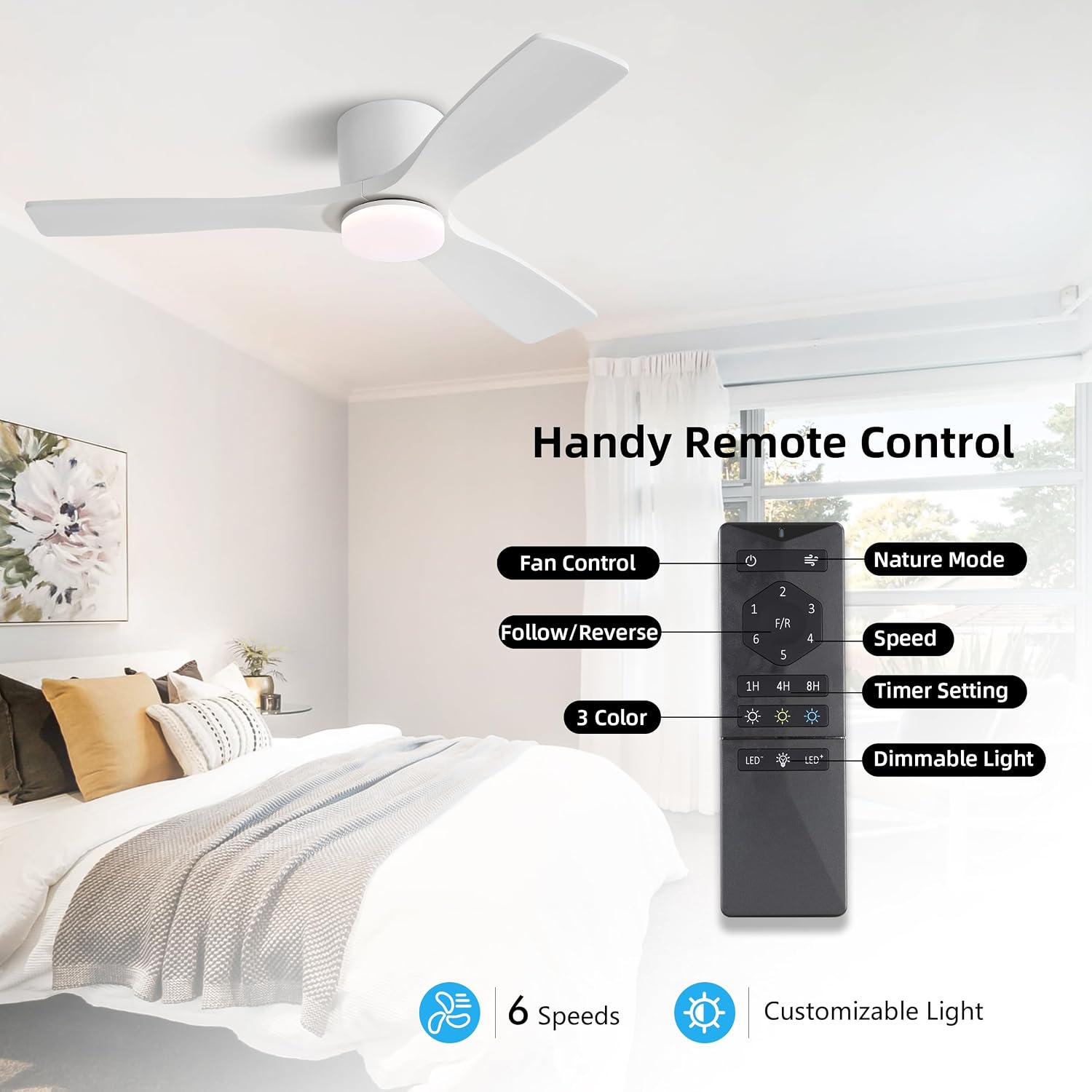 WINGBO 48 Inch Flush Mount DC Ceiling Fan, 3CCT Dimmable Light, 3 Carved Wood Blades, 6-Speed Noiseless Reversible DC Motor, Hugger Low Profile Fan, Gloss White Finish with White Blades, ETL Listed