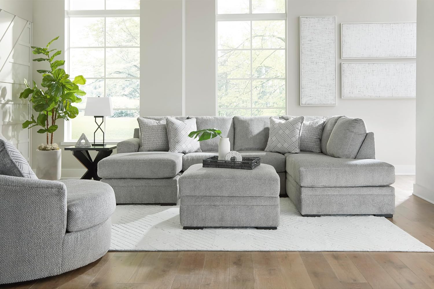 Signature Design by Ashley Casselbury Contemporary Upholstered Oversized Swivel Accent Chair with 3 Throw Pillows, Light Gray