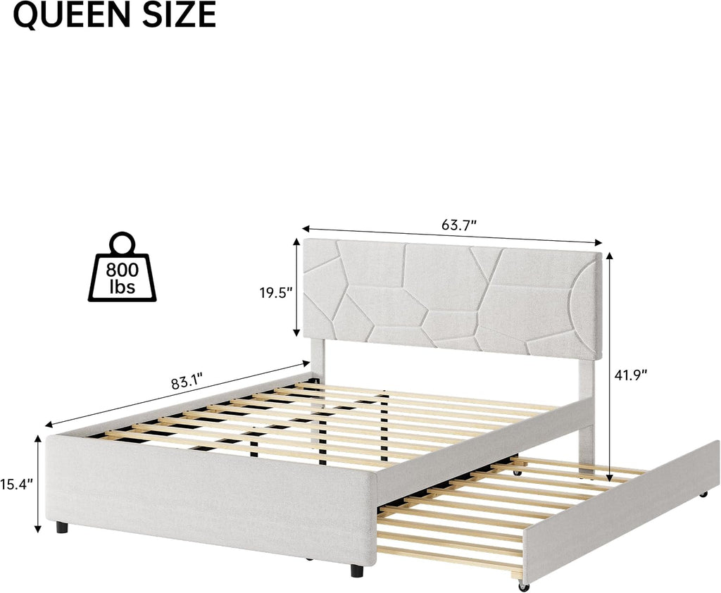 Garvee Queen Size Bed Frame with Trundle, Upholstered Platform Bed Frame with Headboard, Trundle Bed Twin, Wood Slat Support, for Bedroom, Living Room, Guest Room