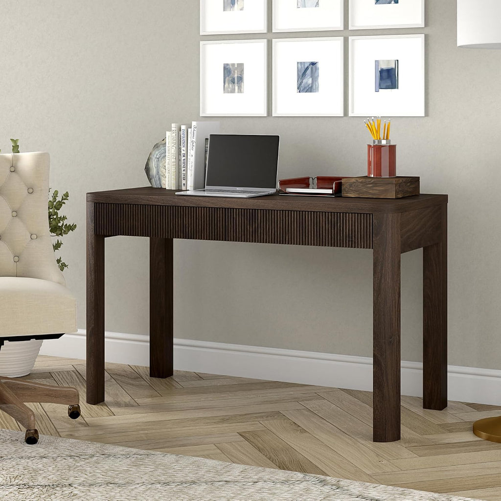 Henn&Hart 48' Fluted Modern Rectangular Home Office Desk Computer Desk Writing Table with 2 Ribbed Storage Drawers for Bedroom, Living Room, or Home Office, Rich Brown