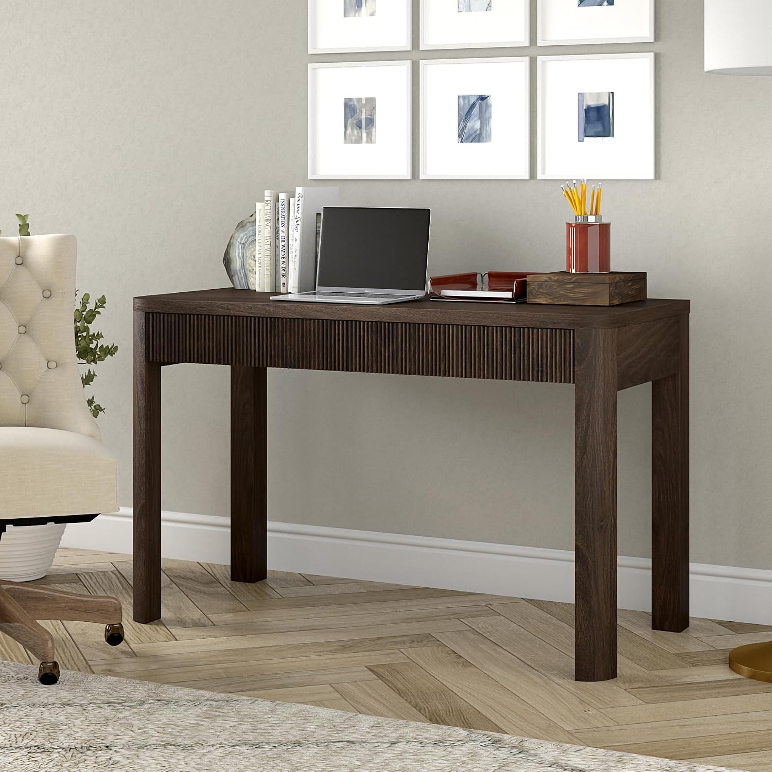 Henn&Hart 48' Fluted Modern Rectangular Home Office Desk Computer Desk Writing Table with 2 Ribbed Storage Drawers for Bedroom, Living Room, or Home Office, Rich Brown