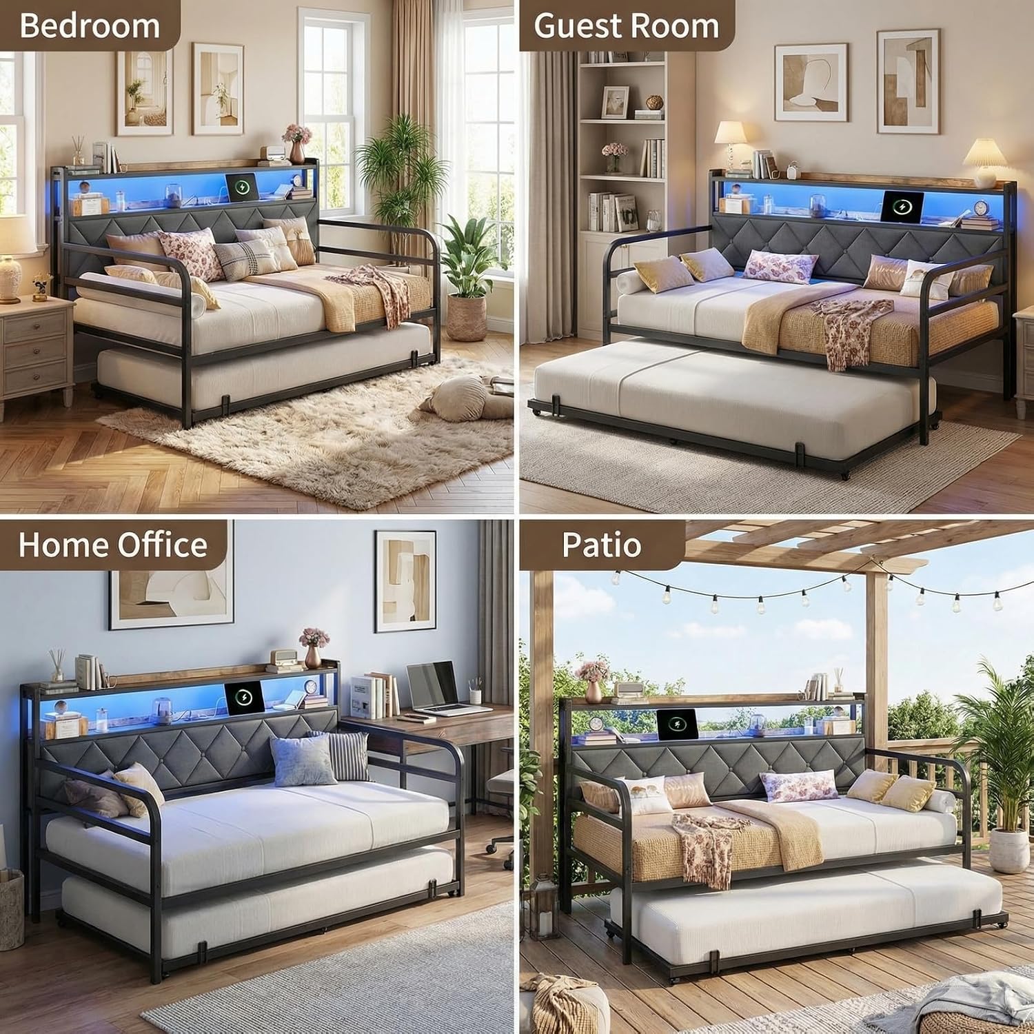 LIKIMIO Twin Daybed with Trundle, 700lbs Capacity, LED Lights & Charging Station, Twin Bed Frame with Storage, Convertible Sofa Bed for Bedroom, Living Room, Black