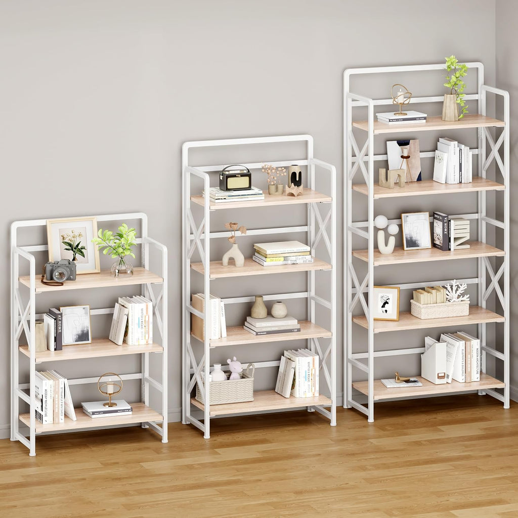 No Assembly Folding Bookshelf, 5 Tiers Vintage Wood Collapsible Book Shelf for Storage,Industrial Metal Foldable Bookcase Organizer for Living Room Bedroom Home Office (Beige)