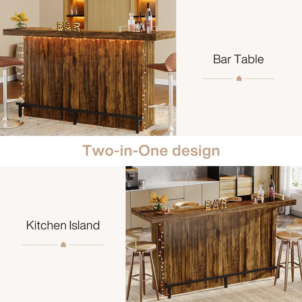 Tribesigns 4-Tier Bar Table, 70.9-Inch Large Wood Home Bar Unit with Wine Glass Holder and Black Footrest, Pub Table with Storage Shelves for Kitchen, Indoor, Brown