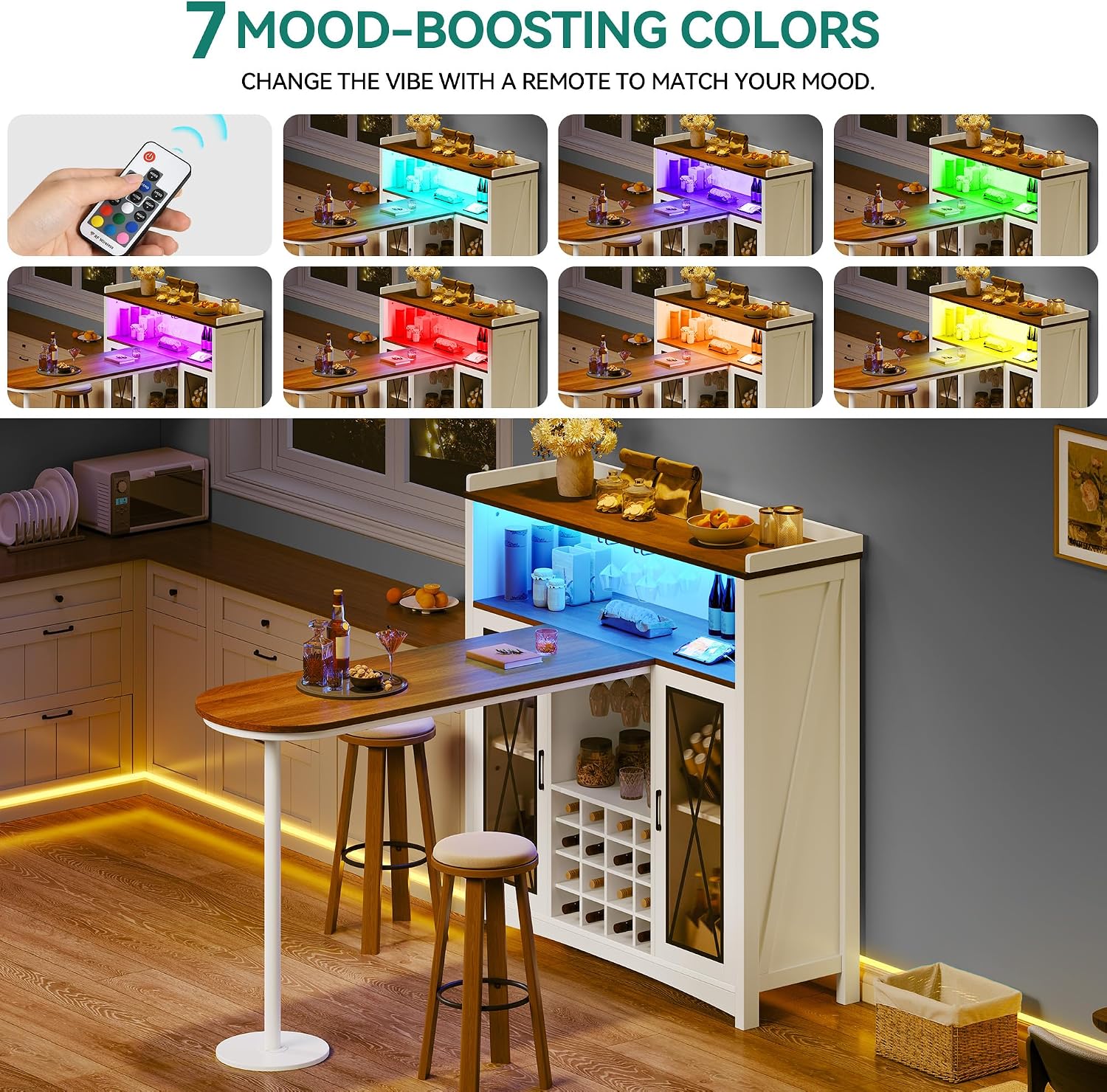 YITAHOME Mini Bar Unit for Home with LED Light & Wine Bar Cabinet, Large Tall Height Bar Table with Wine Rack, Farmhouse Coffee Station with Storage Glasses Hanger for Kitchen Pub, Walnut & White