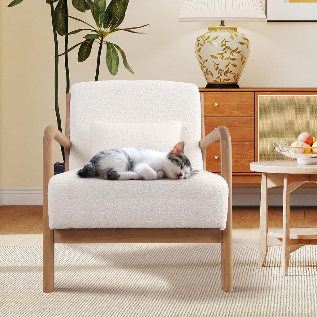 ANJ Mid Century Modern Accent Chair, Single Fabric Lounge Reading Armchair with Solid Wood Frame, Easy Assembly Arm Chairs for Living Room, White