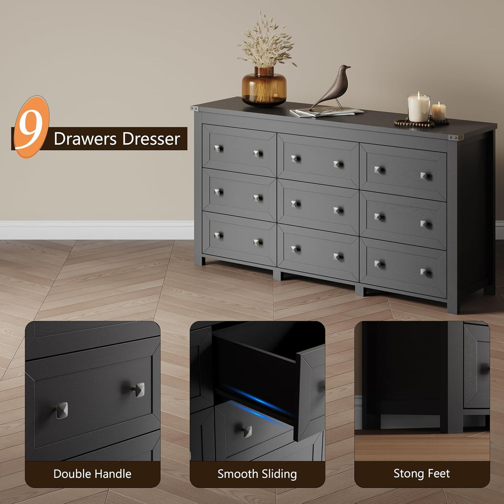 Dresser for Bedroom with 9 Drawers, Farmhouse Wood Chest of Drawers, Wide TV Stand Closet Storage Furniture with Metal Handle, Modern Clothes Organizer for Hallway, Living Room, Entryway, Black