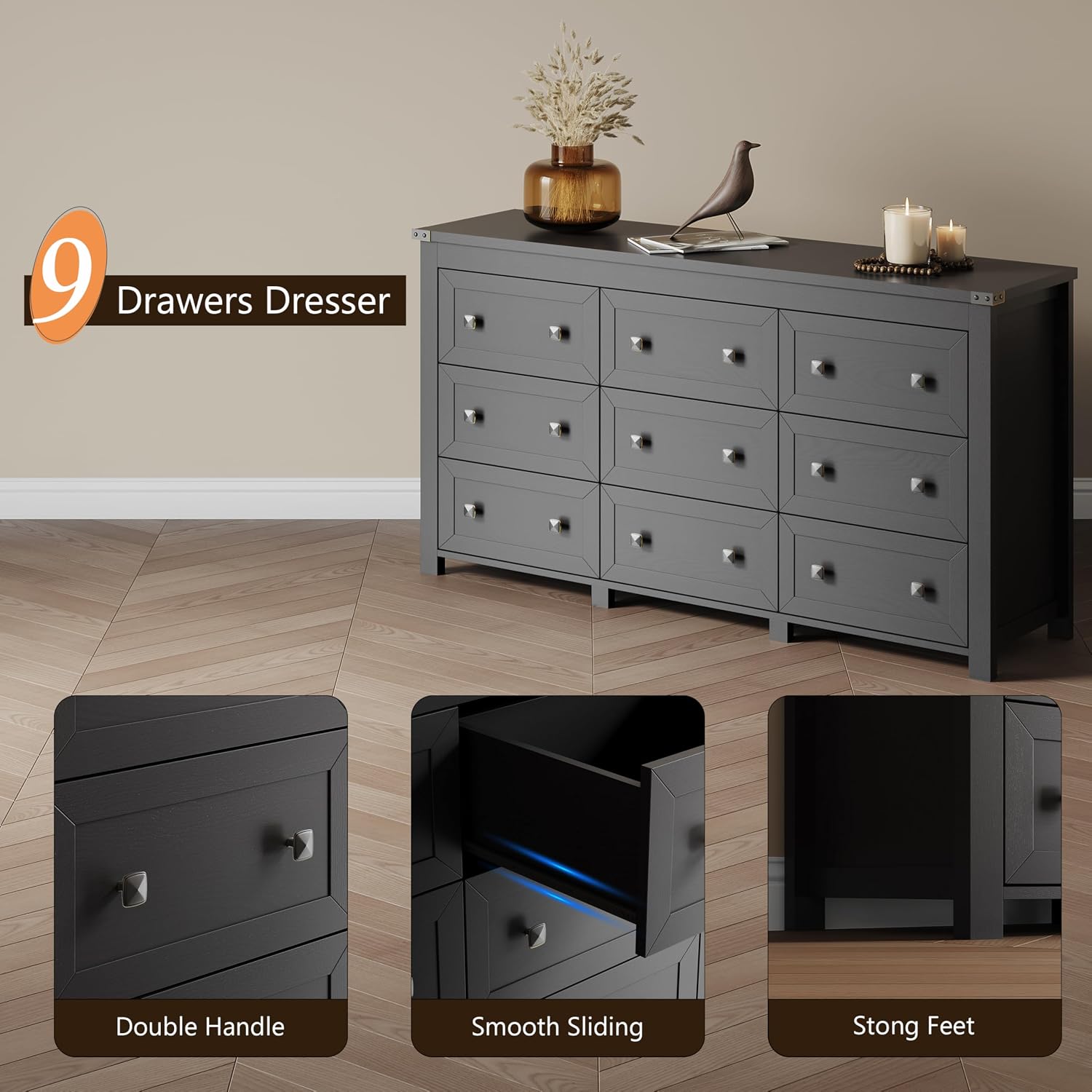 Dresser for Bedroom with 9 Drawers, Farmhouse Wood Chest of Drawers, Wide TV Stand Closet Storage Furniture with Metal Handle, Modern Clothes Organizer for Hallway, Living Room, Entryway, Black