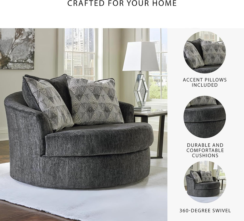 Signature Design by Ashley Biddeford Transitional Upholstered Oversized Swivel Accent Chair with 3 Accent Pillows, Black