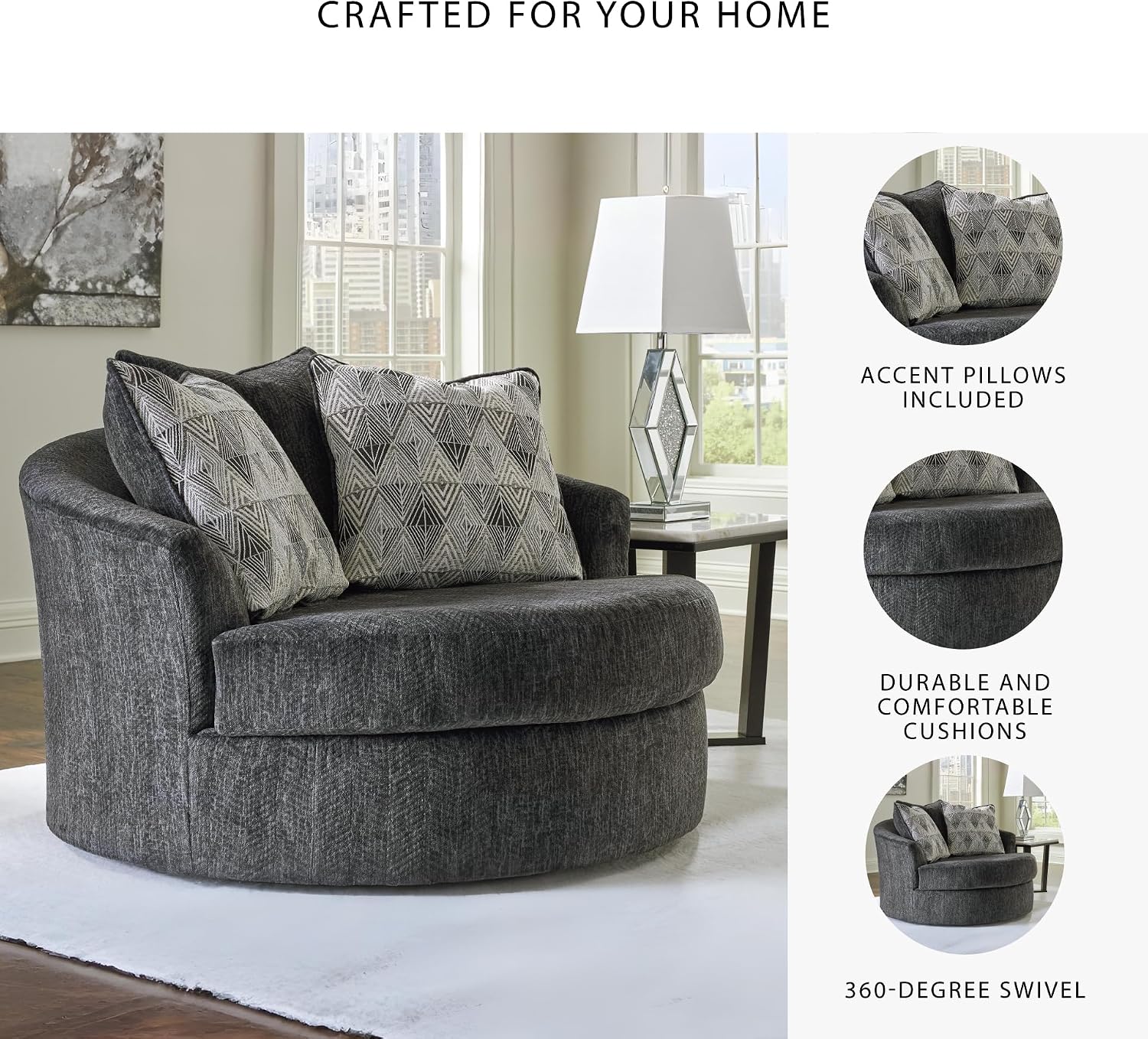 Signature Design by Ashley Biddeford Transitional Upholstered Oversized Swivel Accent Chair with 3 Accent Pillows, Black