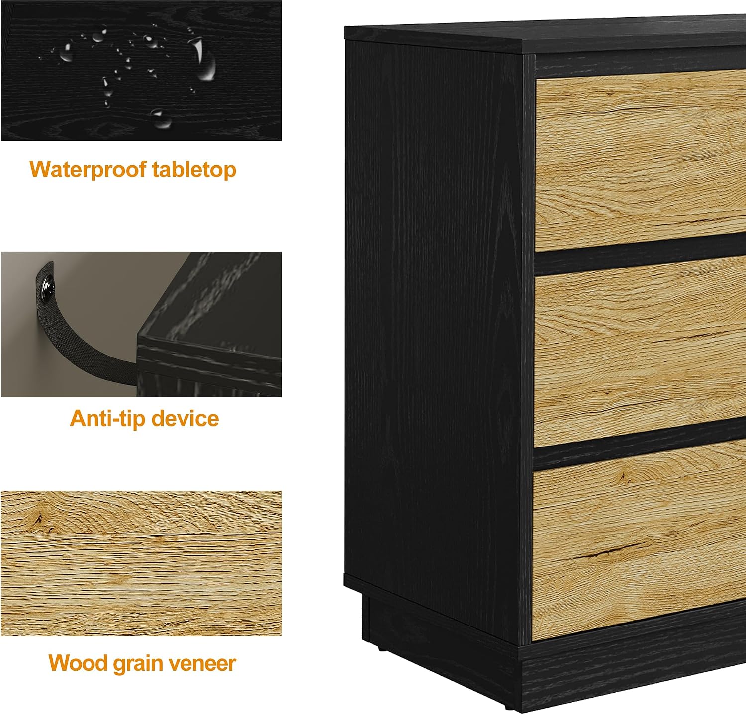 FansaFurn Wide Nightstand Set of 2, Black Nightstand for Bedroom, Large End Table with 3 Drawers, Bedside Table for Home Office, Black and Wood