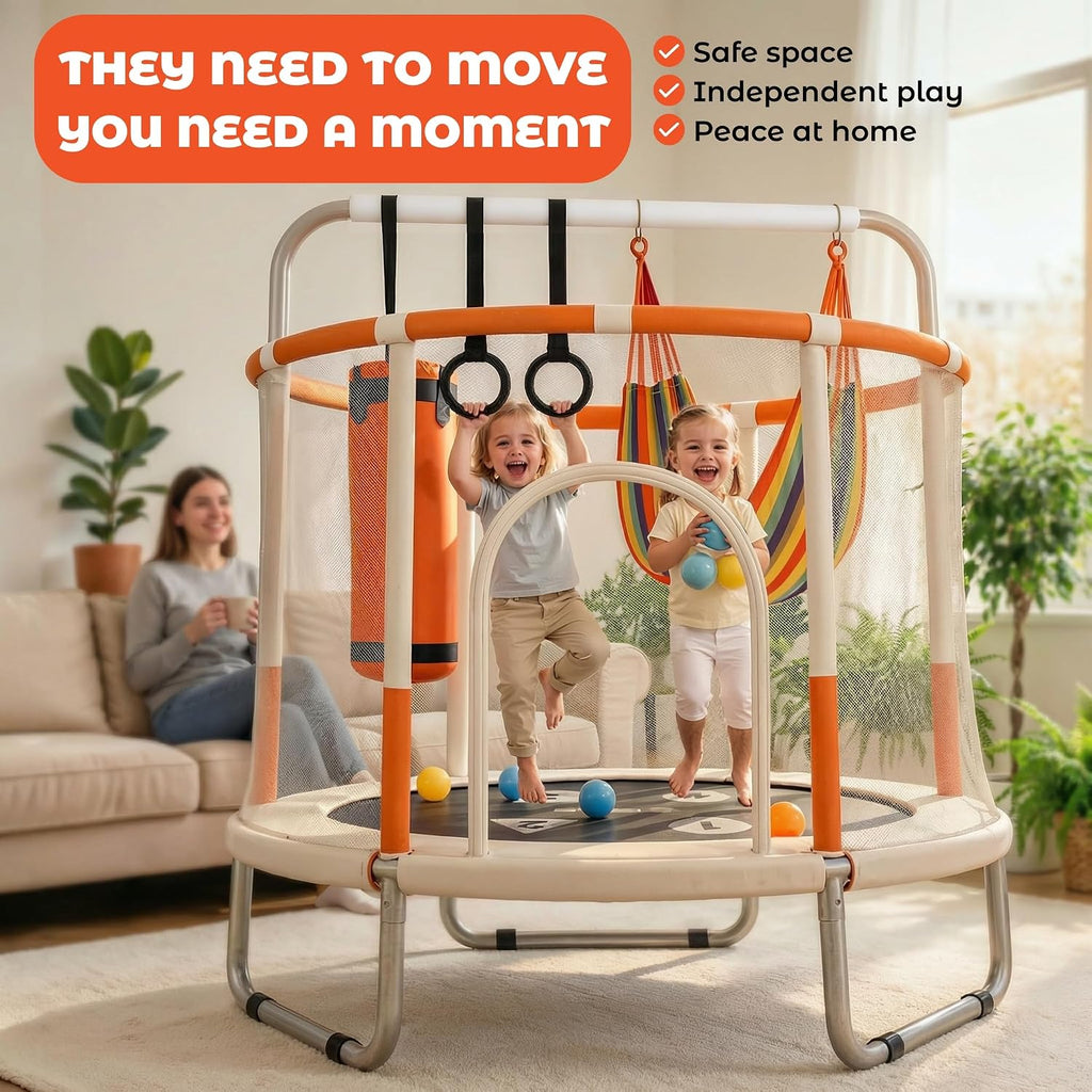 Happin® 55'' Trampoline for Kids with Safety Enclosure, Indoor & Outdoor Toddler Trampoline, Ultra Safe Design with Multi Activity Accessories, Perfect Toddler Gift for Boys & Girls Ages 1–8