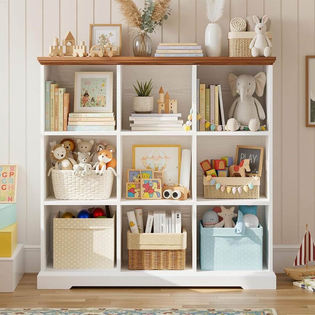 IRONCK Wooden 9 Cube Storage Organizer, Cube Shelf Organizer with Storage, Farmhouse Short Bookshelf for Bedroom, Living Room and Home Office, White