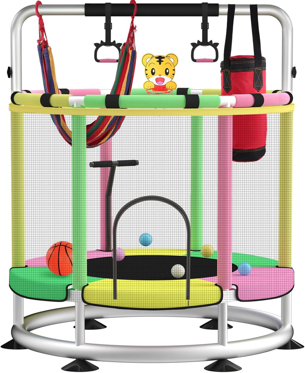 Trampoline for Kids, Adjustable Baby Toddler Trampoline with Basketball Hoop, Round Bottom Indoor Outdoor Toddler with Enclosure