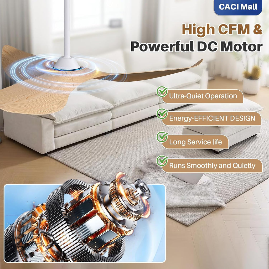 CACI Mall 52 Inch Ceiling Fans No Light, 3 blade ceiling fan without light, Modern, Remote Control, 6 Speeds, Timer, Quiet Reversible DC Motor for Indoor, Living room, Bedroom