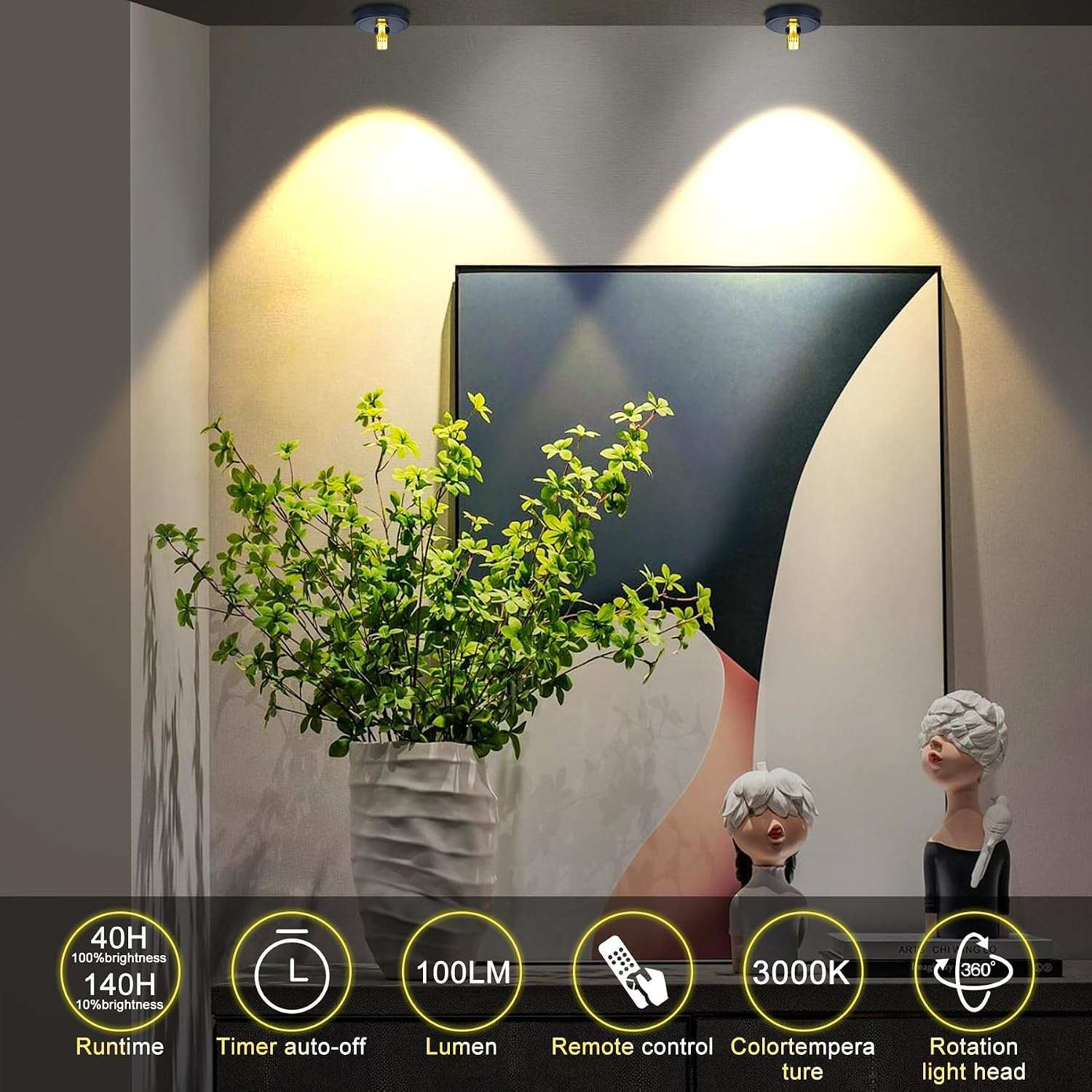 Indoor Plant Spotlight Battery Operated,Picture Light with Remote,Wall Painting Uplight,Wireless Dimmable Timer,Spot Light for Plants Trees Pictures Dis Painting Art e Gallery Portrait
