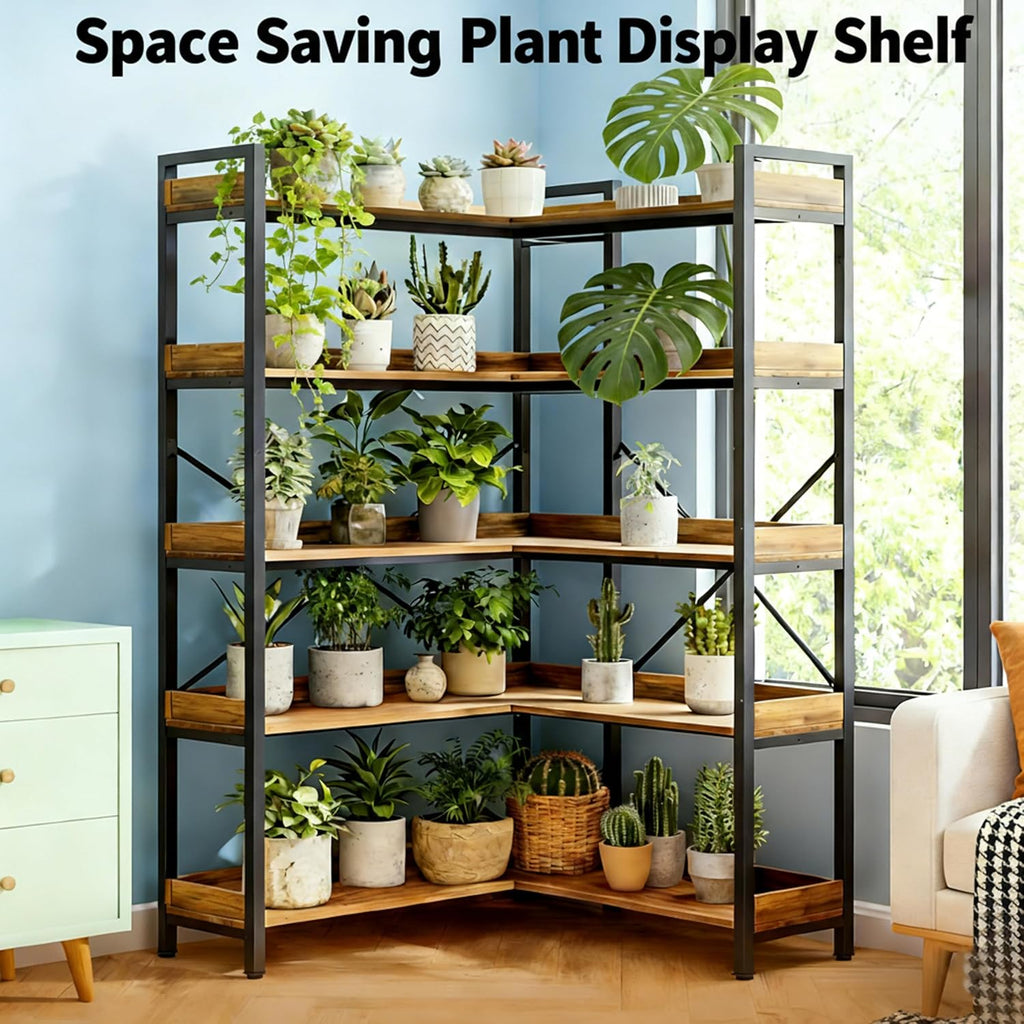 Simple Deluxe 5-Tier Industrial L-Shaped Corner Bookshelf 65', Open Storage Shelving with Hooks & Edge Trim, Sturdy Metal Wood Frame for Living Room, Bedroom, Home Office, Kitchen, Brown