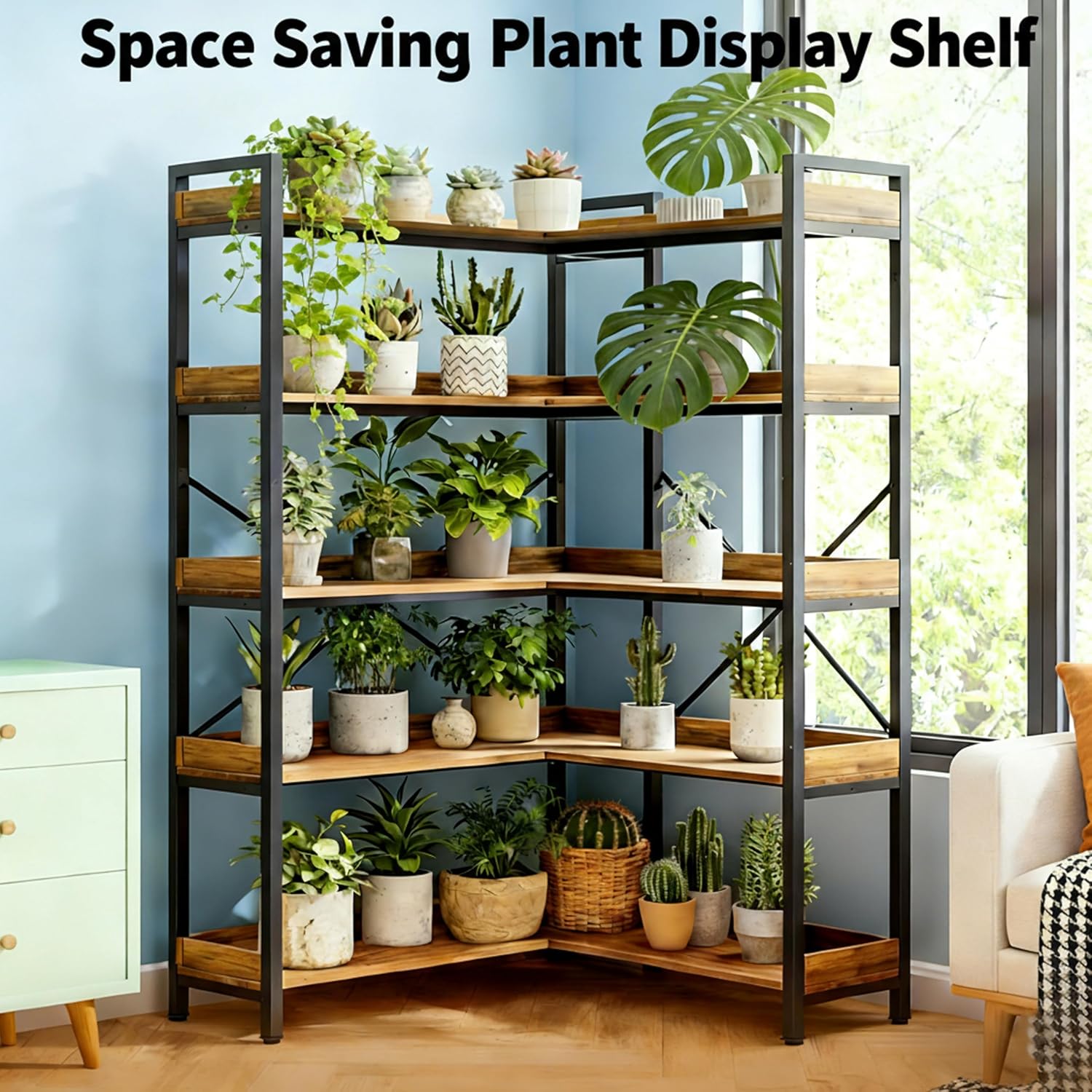 Simple Deluxe 5-Tier Industrial L-Shaped Corner Bookshelf 65', Open Storage Shelving with Hooks & Edge Trim, Sturdy Metal Wood Frame for Living Room, Bedroom, Home Office, Kitchen, Brown