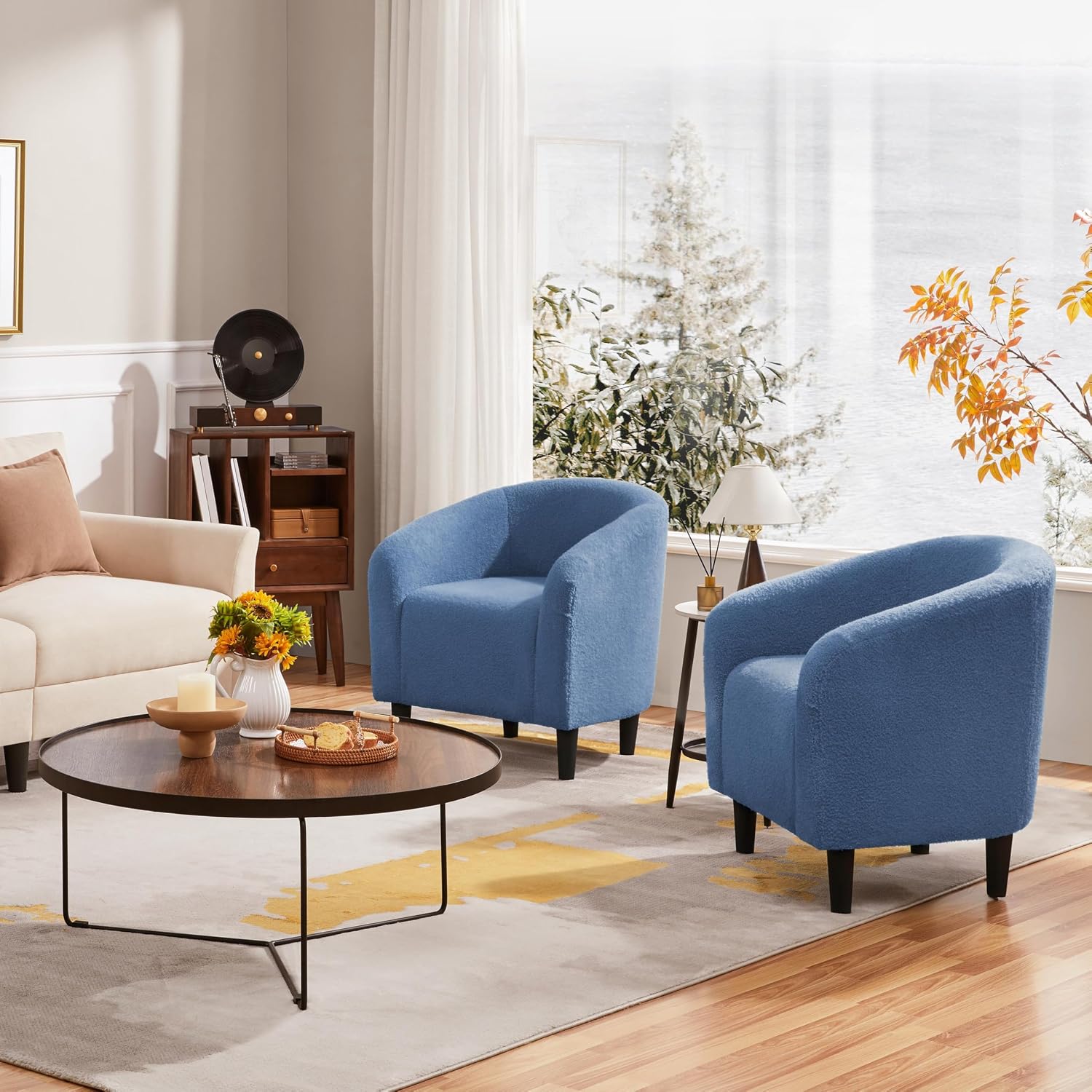 Yaheetech Accent Barrel Chair, Boucle Fabric Club Chair, Furry Sherpa Elegant Armchair with Cozy Soft Padded, Suitable for Living Room Bedroom Reception Room Office, Blue