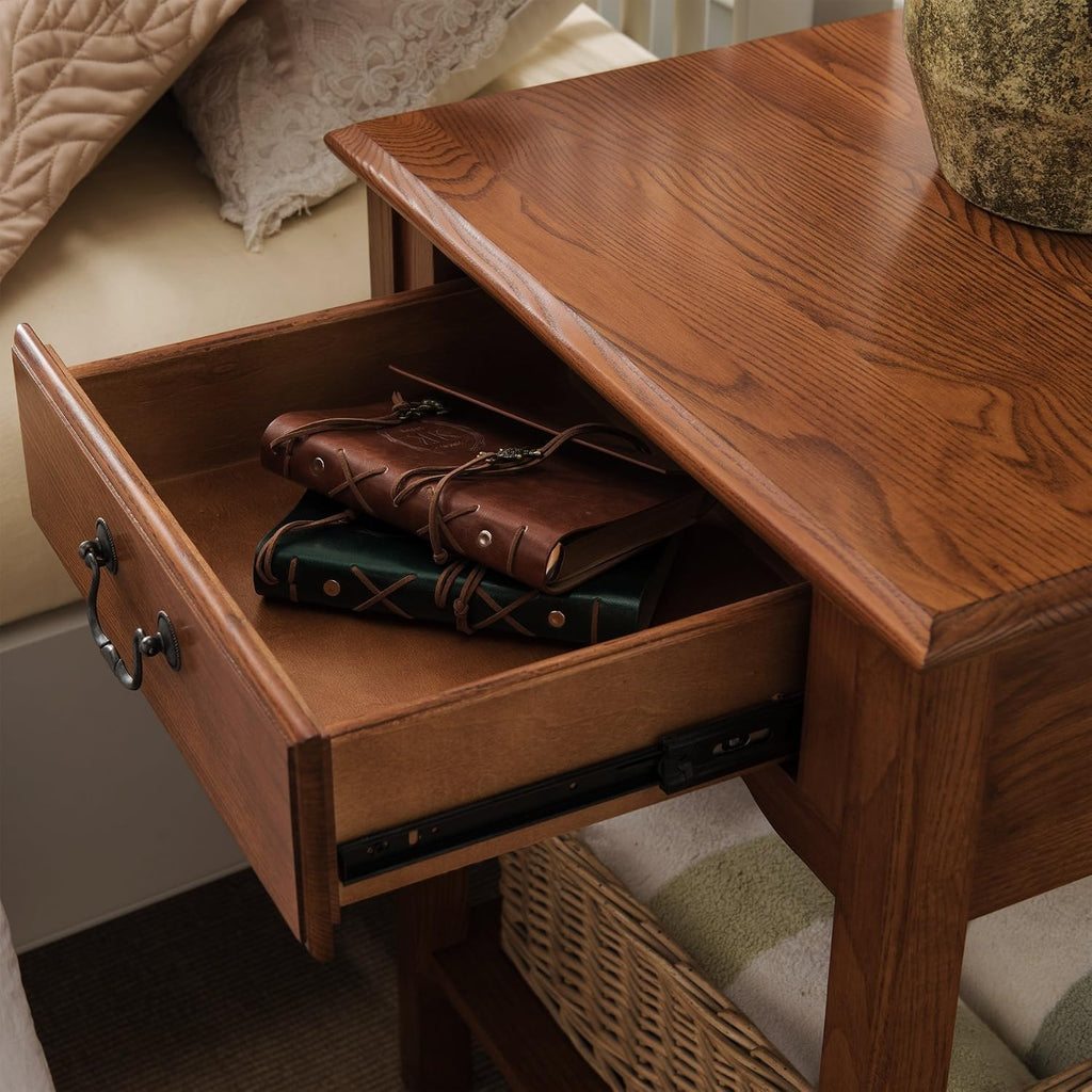 Salem Solid Wood Nightstand with Drawer and Shelf, Medium Oak Brown, Perfect for Bedrooms, Living Rooms, and Small Spaces – Leick Home, 9067-MED