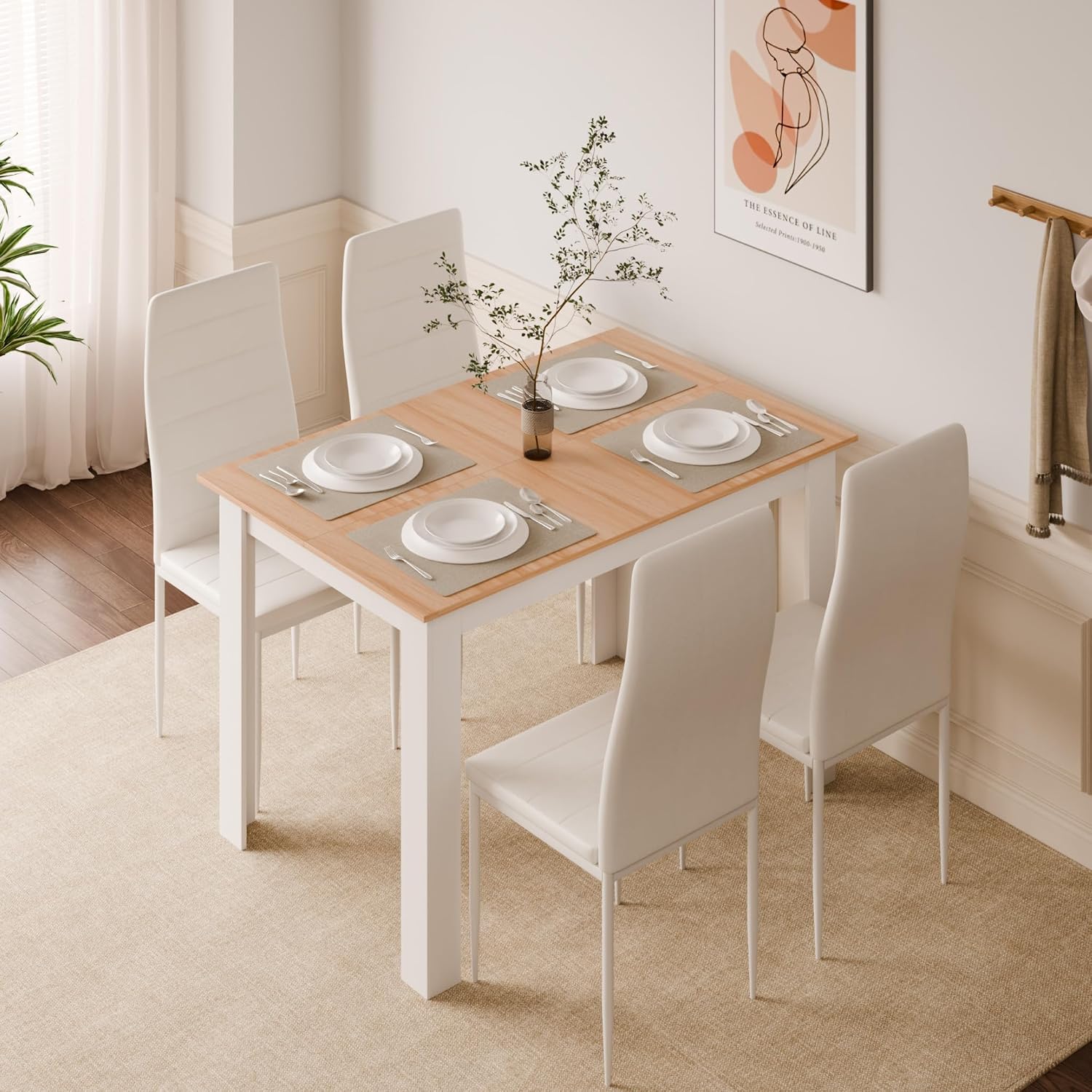 Mondeer Dining Table and Chairs Set 4, 5 Pieces Kitchen Table Set with High Back Faux Leather Chair for Dining Room Kitchen Rectangular Modern (Oak Table and 4 White Chairs)