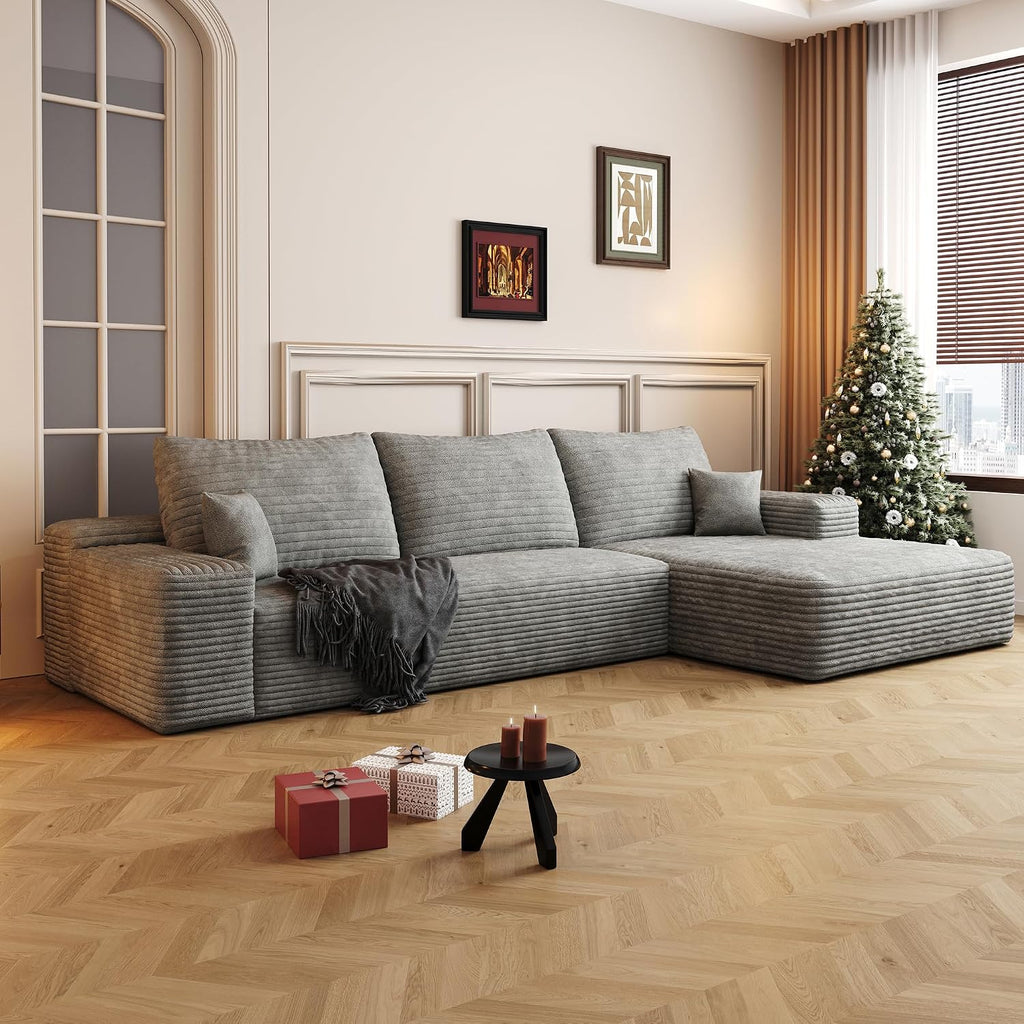 Eafurn Oversized L Shape Modular Sectional Sofa with Right Facing Chaise Lounge,Wide Deep Seat Compressed Corner Couch,Minimalist Corduroy Upholstered Boneless Lounge Sofa Couch