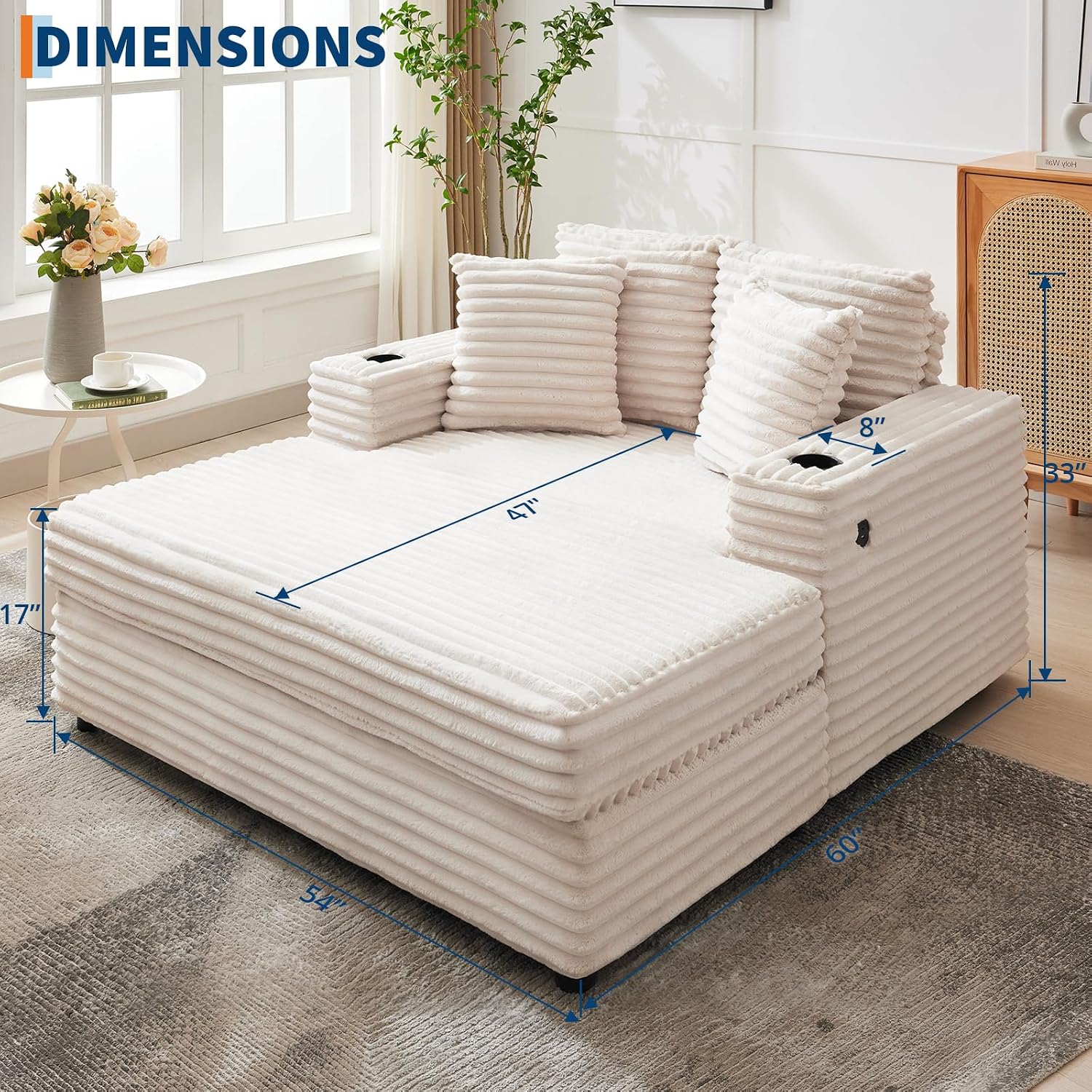GarveeHome 60-inchOversized Chaise Lounge Chair Indoor, Comfy Corduroy Lounge Sofa with Charging Station, Cup Holders & Throw Pillows, Cozy Sleeper Couch for Living Room Apartments, Beige