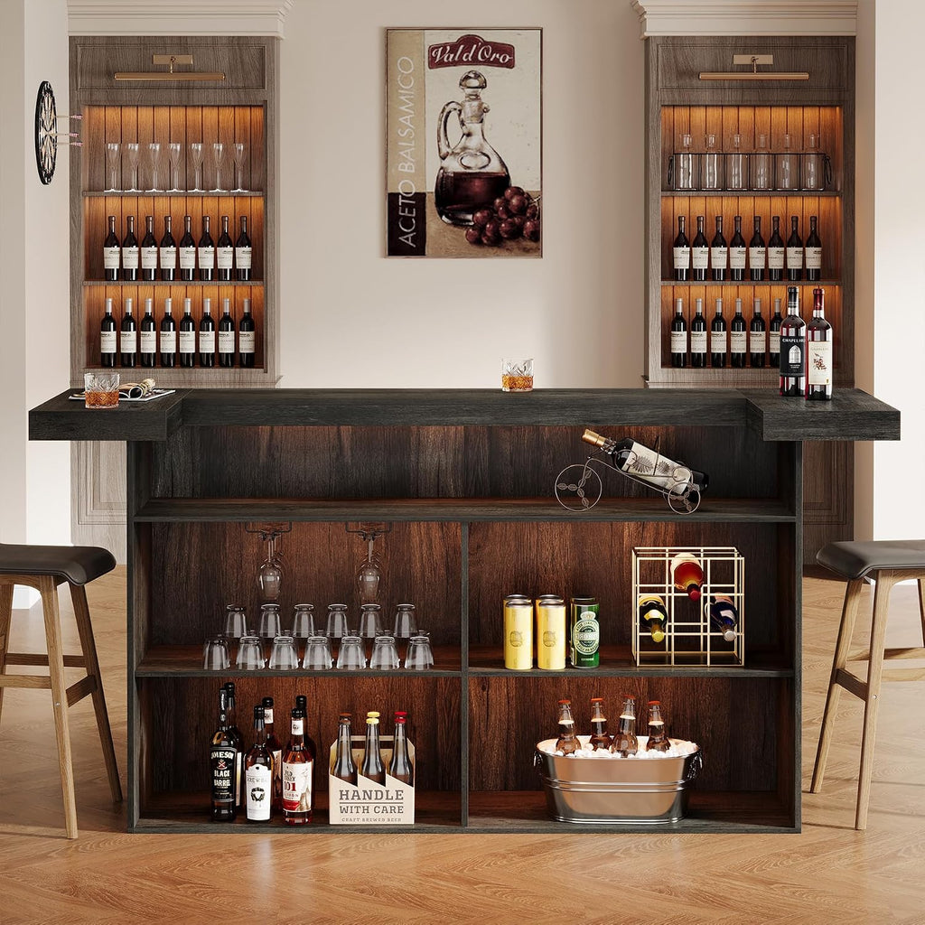 Tribesigns 4-Tier Bar Table, 70.9-Inch Large Wooden Home Bar Unit with Storage Shelves, Pub Table with Wine Glass Holder and Black Footrest for Basement, Dining Room, Living Room, Grey (Grey)