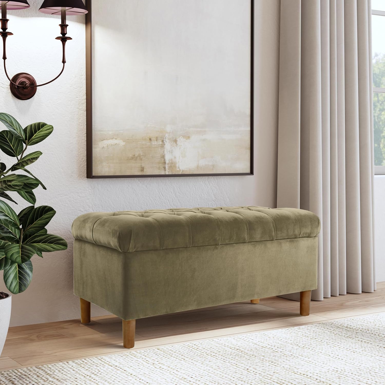 HomePop 40' Ainsley Button Tufted Storage Bench - Light Sage Green Velvet