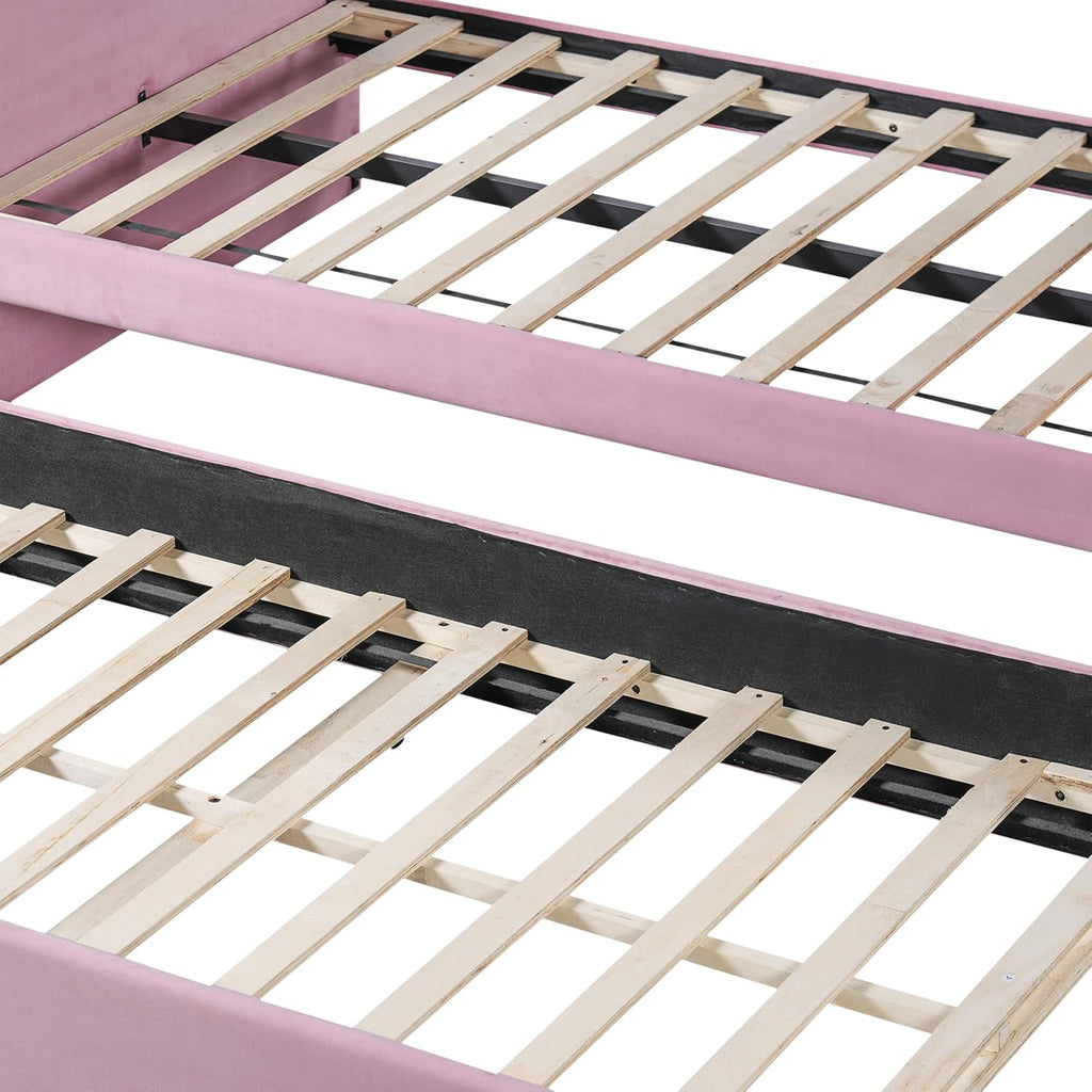 Christopher Knight Home Leonhart Velvet Upholstered Twin Size Bed Frames with Headboard/Footboard, Day Bed Frame Twin with Pull-Out Functionality, Iron Frame + Wooden Slat Trundle Bed Twin, Pink