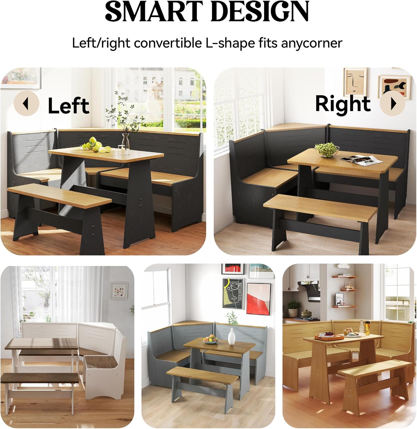 Breakfast Nook Kitchen Corner Dining Table Bench Chair Set, Hidden Storage Space-Saving 3-5 Seat L-Shape for Farmhouse Family Home White Brown Wood