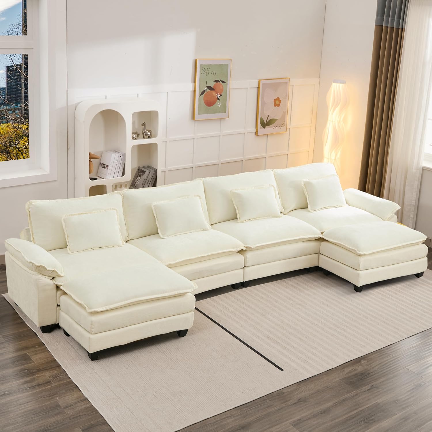 Oprisen 154' Modular Sectional Sofa, Comfy Cloud Couch Sectional Sofa with Ottoman, Chenille Sofa Sleeper Deep Seat Sofa with Throw Pillows for Living Room (Beige White, 154'- U Shape)