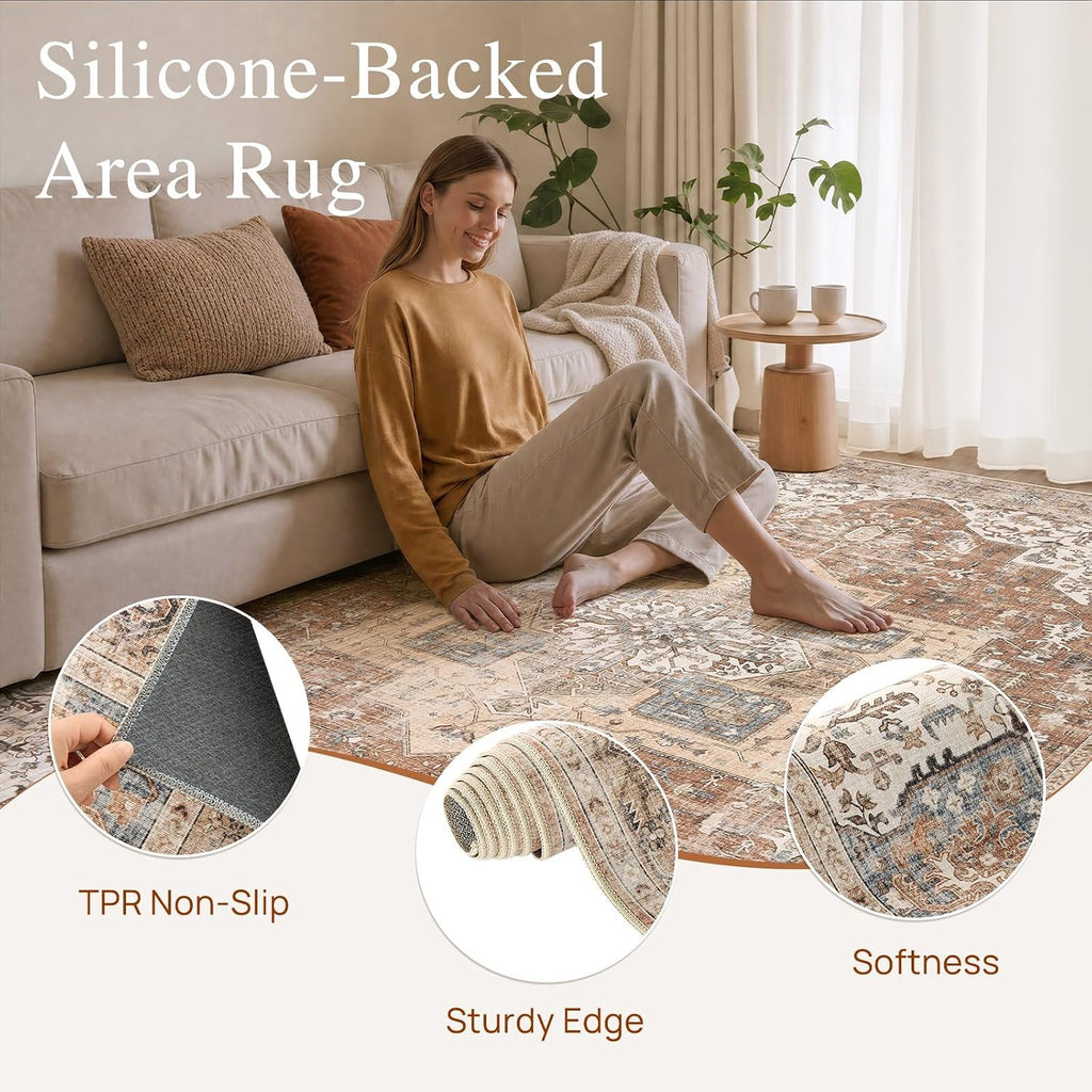 Washable Rug 12x15 Area Rugs: Boho Vintage Distressed Oriental Medallion Neutral Thin Large Rug Carpet for Living Room Bedroom Dining Room Home Office Decor - Brick Red