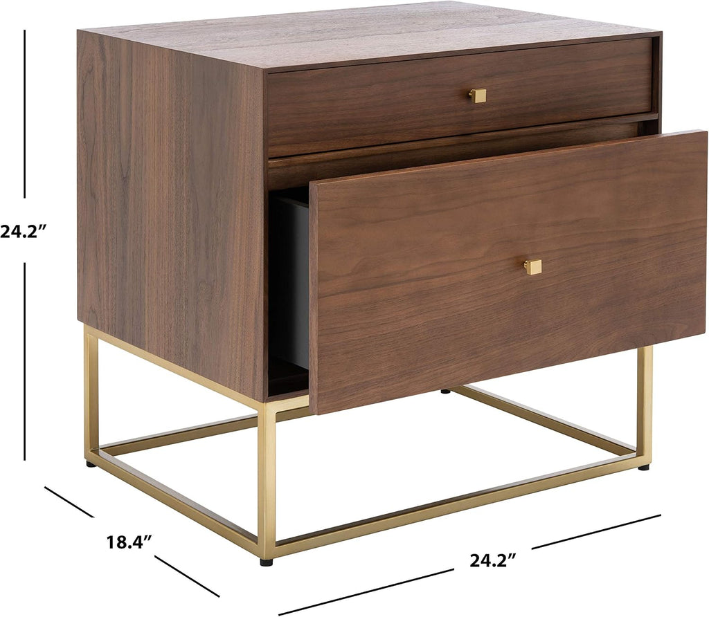SAFAVIEH Couture Home Collection Adelyn Walnut & Gold 2-Drawer Nightstand Table, Fully Assembled (SFV7209A)