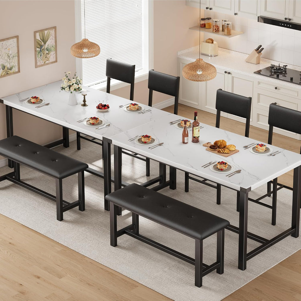 Garvee Wooden Dining Table Set for 4, Kitchen Table and 2 Upholstered Chairs with Bench, Rectangular Dining Room Set, for Small Space, Apartment, Home, Easy Assembly, White Marble