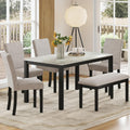 Zevemomo 6-Piece Wood Dining Table Set with Extra-Thick Cushions, Including 1 Dinner Table, 4 Upholstered Chairs and 1 Bench, Wooden Legs Dining Set for Dining Room, Kitchen, Restaurant, Black
