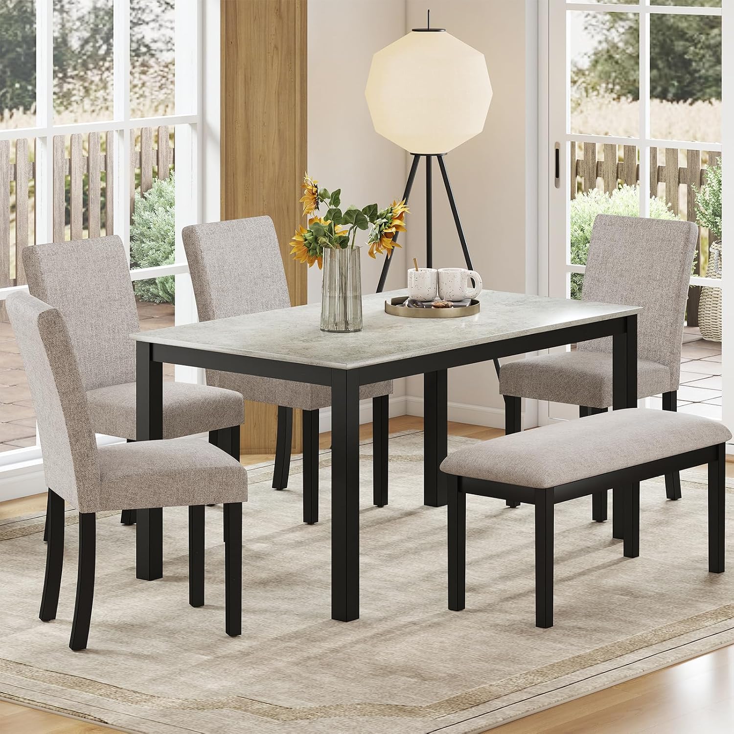 Zevemomo 6-Piece Wood Dining Table Set with Extra-Thick Cushions, Including 1 Dinner Table, 4 Upholstered Chairs and 1 Bench, Wooden Legs Dining Set for Dining Room, Kitchen, Restaurant, Black