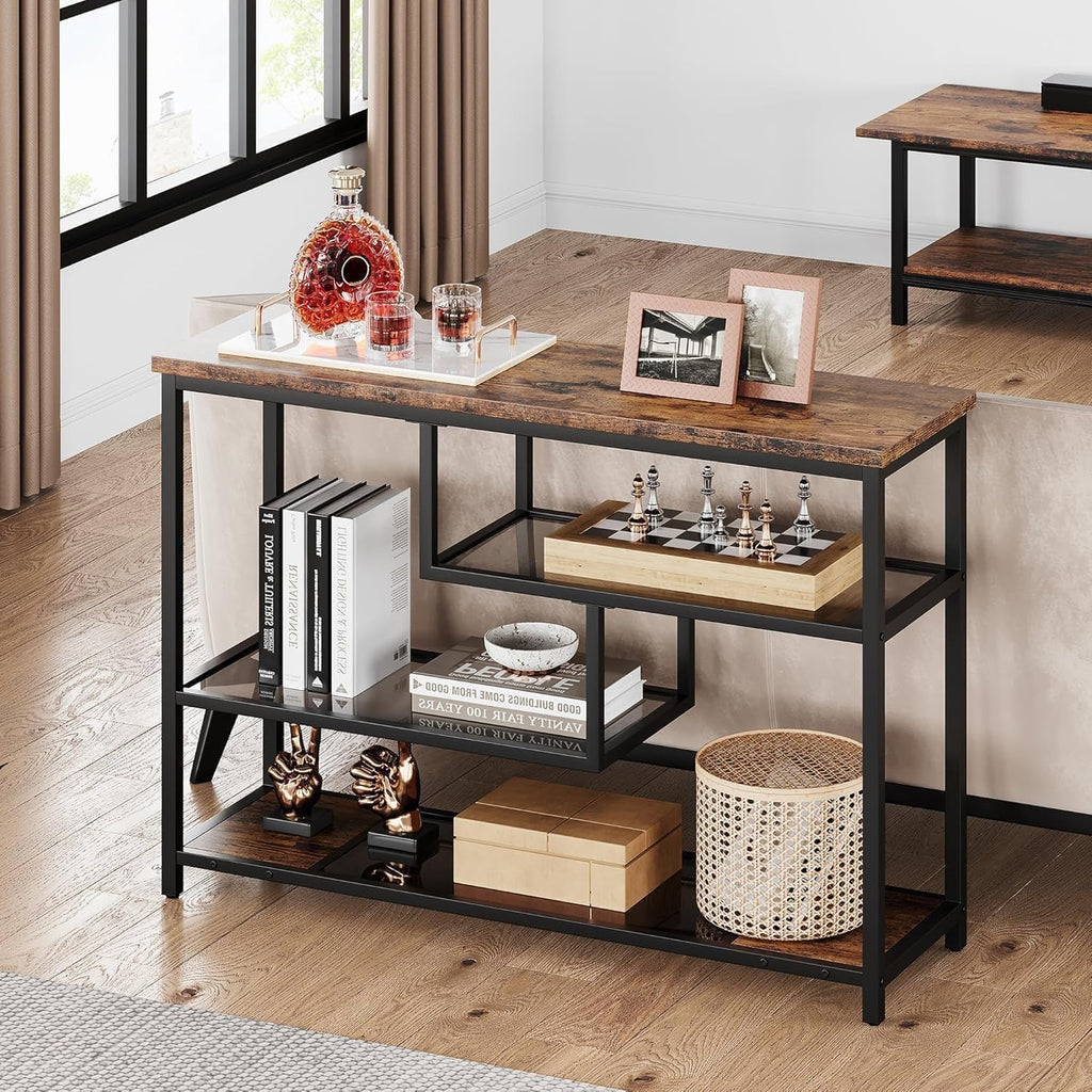 IDEALHOUSE 39.4' Console Table 4-Tier Narrow Entryway Table with Glass Storage Shelf and Metal Frame for Hallway, Living Room, Foyer, Bedroom, Corner Tables, Small Space Furniture, Rustic Brown