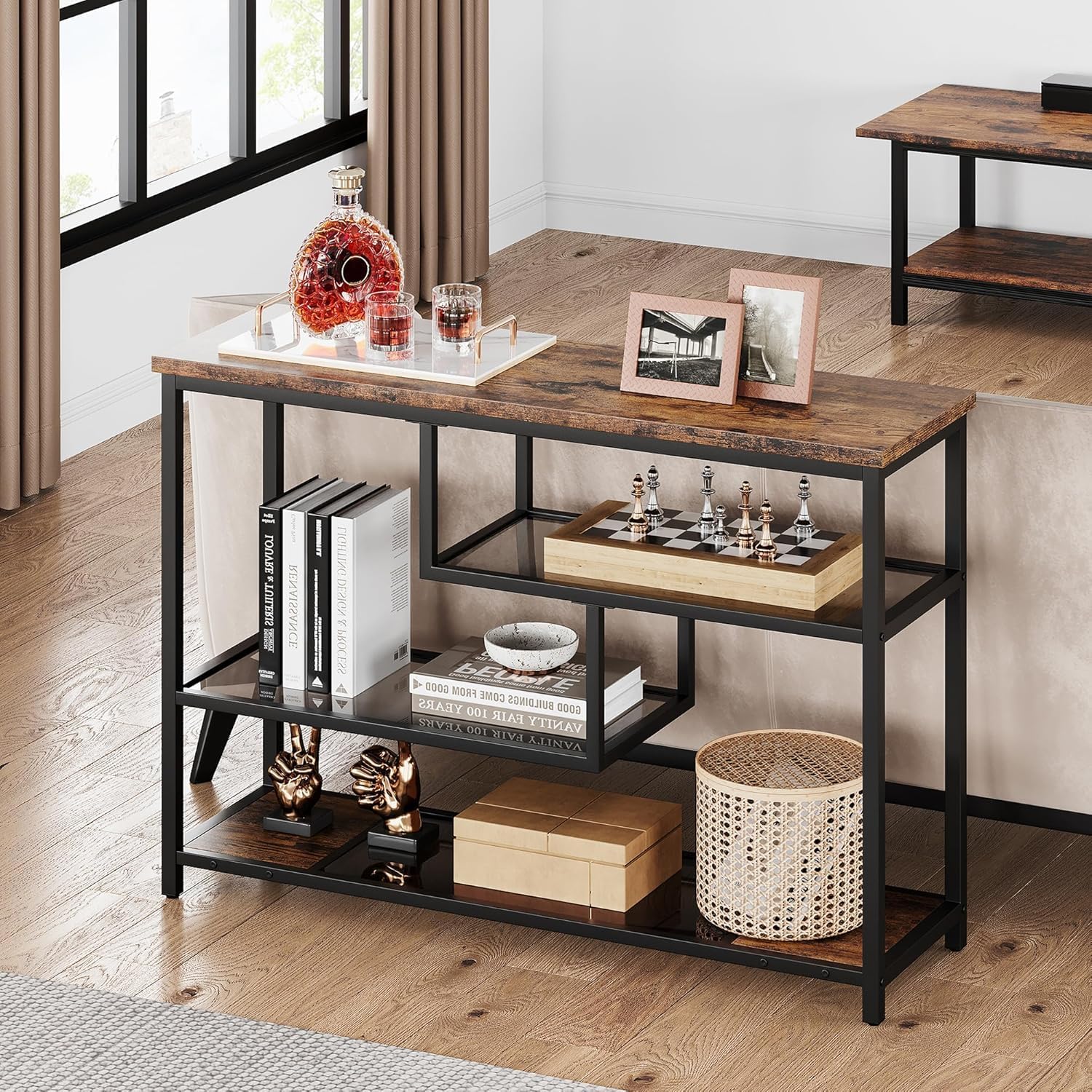 IDEALHOUSE 39.4' Console Table 4-Tier Narrow Entryway Table with Glass Storage Shelf and Metal Frame for Hallway, Living Room, Foyer, Bedroom, Corner Tables, Small Space Furniture, Rustic Brown
