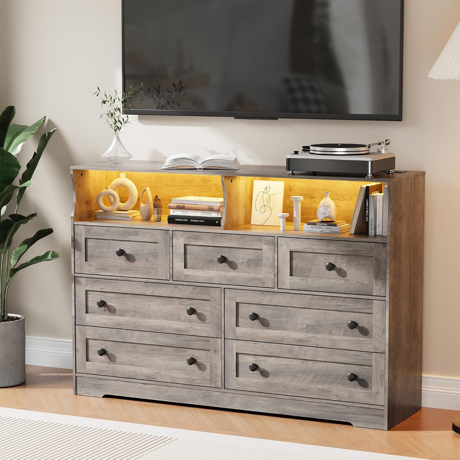 IDEALHOUSE Dresser for Bedroom with 7 Drawers, LED Lights & Charging Station, Wooden Chest with 2 Open Compartments, Freestanding Storage Organizer for Closet, Nursery, Entryway, Light Brown