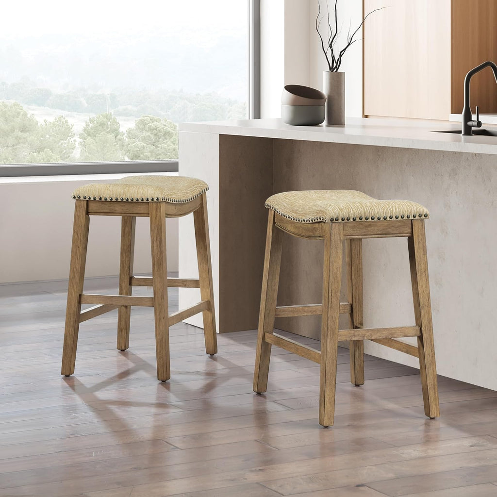 OSP Home Furnishings Metro Farmhouse Saddle Stool with Nailhead Trim, 2-Pack, 24-inch Counter Height, Medium Oak Frame with Camel Fabric