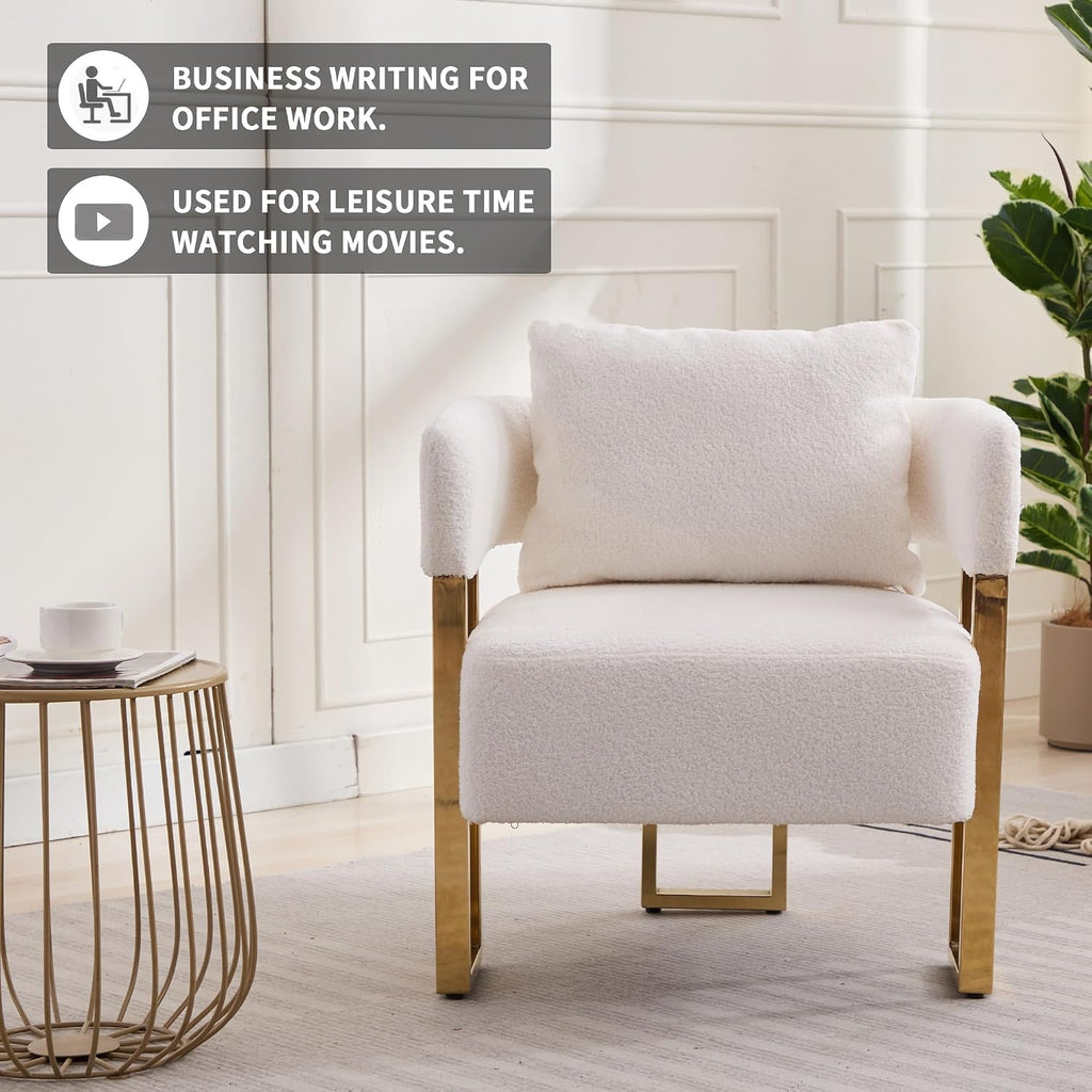 YISHENG Modern Barrel Accent Chairs Set of 2, Living Room Side Chairs with Golden Metal Legs Soft Upholstered Reading Armchairs no Wheels for Vanity/Reception Room//Bedroom/Lounge/Office, White Teddy