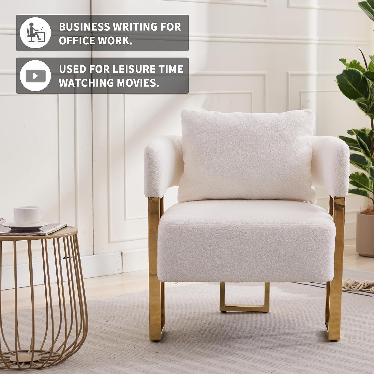 YISHENG Modern Barrel Accent Chairs Set of 2, Living Room Side Chairs with Golden Metal Legs Soft Upholstered Reading Armchairs no Wheels for Vanity/Reception Room//Bedroom/Lounge/Office, White Teddy