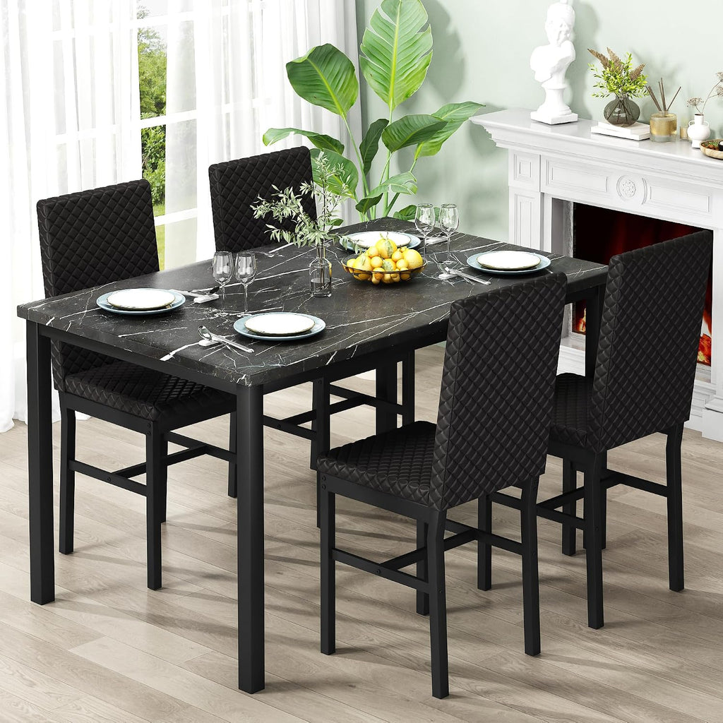 DKLGG Dining Table Set for 4, Faux Marble Kitchen Table with Velvet Upholstered Dinner Chairs, Small Dining Room Sets for Small Space Apartment Home