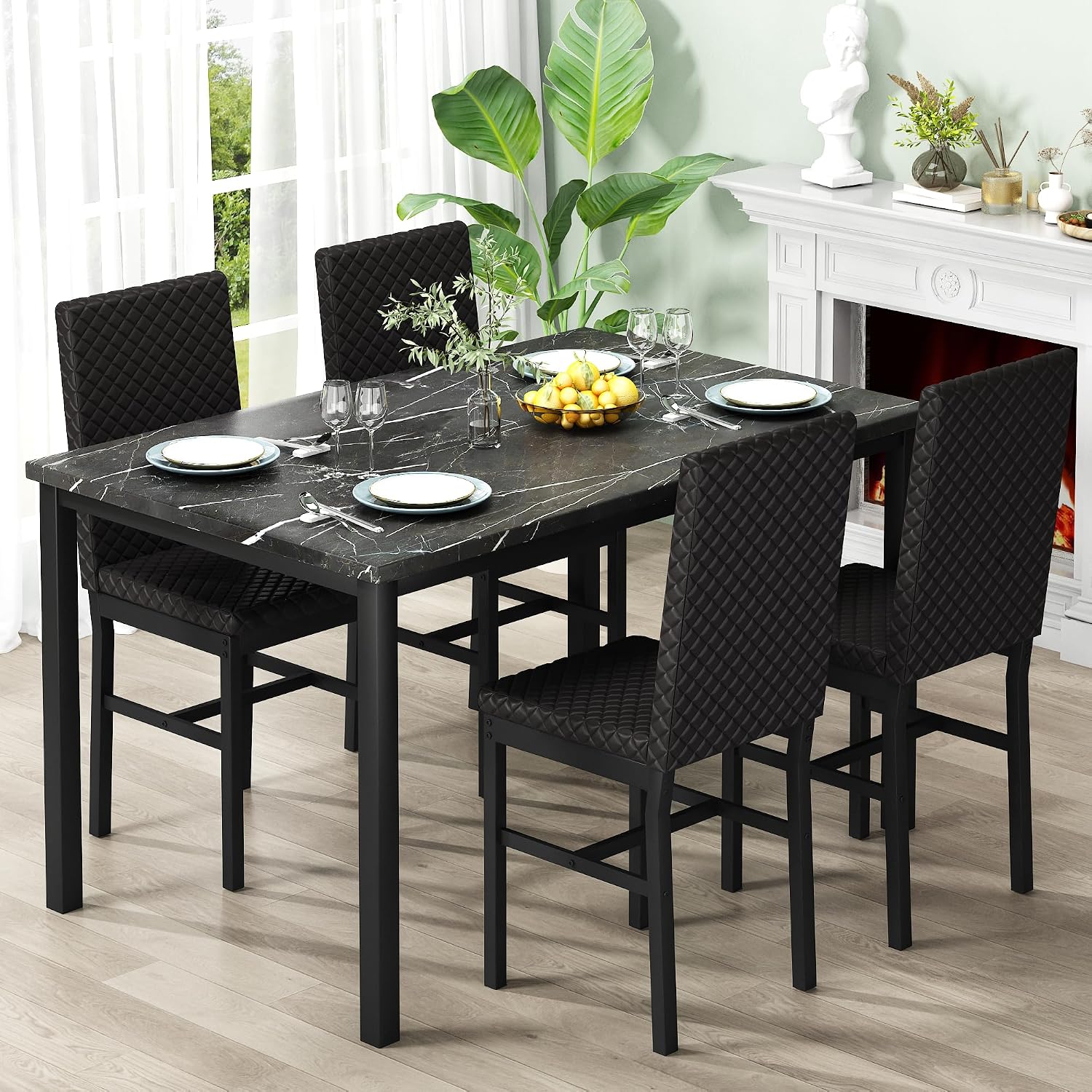 DKLGG Dining Table Set for 4, Faux Marble Kitchen Table with Velvet Upholstered Dinner Chairs, Small Dining Room Sets for Small Space Apartment Home