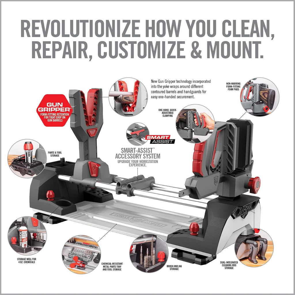 Real Avid Master Gun Workstation Up to 18.3' of Travel One-Hand Quick Adjustable Clamping, Non-Marring Form-Fitting Yokes Vise Ideal for Gun Cleaning & Maintenance w/Leveling Knob for Scope Mount