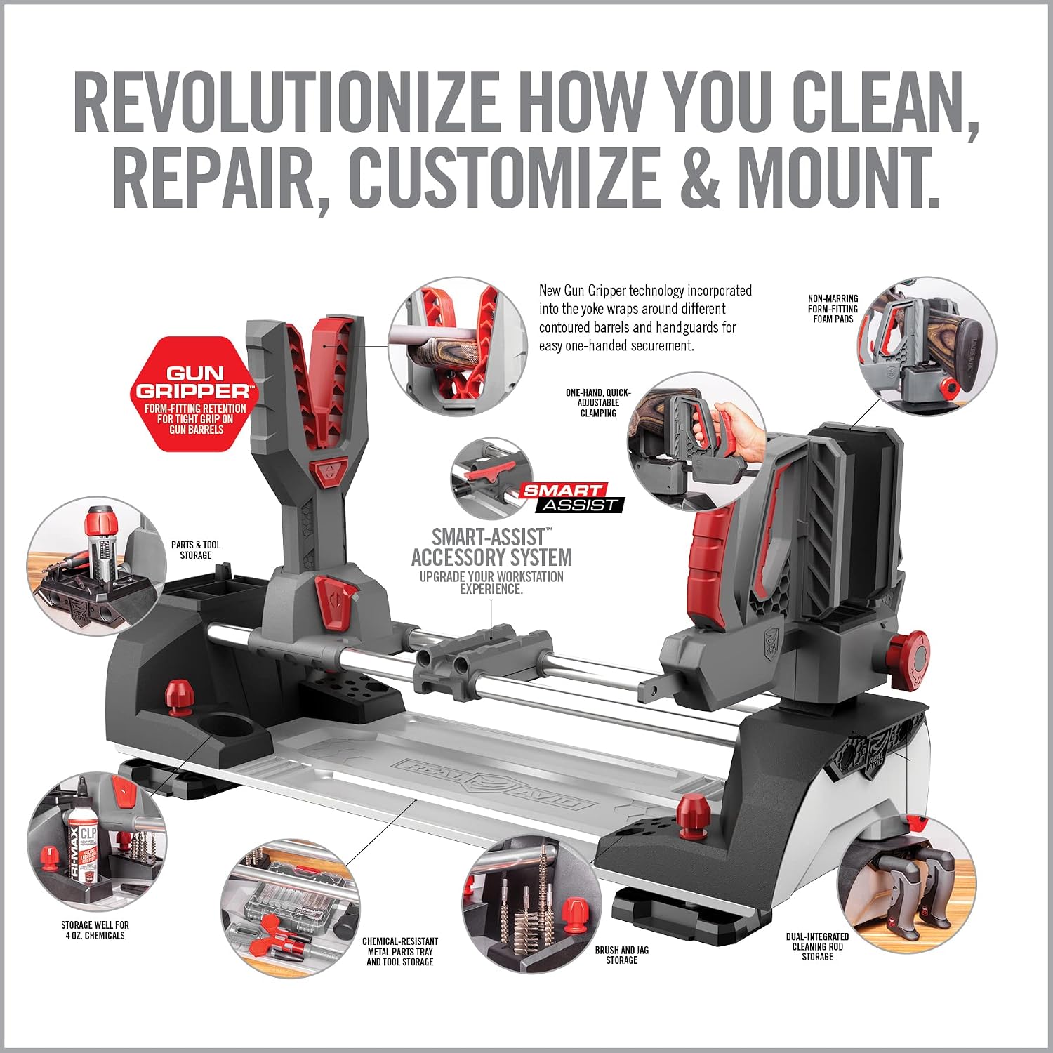 Real Avid Master Gun Workstation Up to 18.3' of Travel One-Hand Quick Adjustable Clamping, Non-Marring Form-Fitting Yokes Vise Ideal for Gun Cleaning & Maintenance w/Leveling Knob for Scope Mount