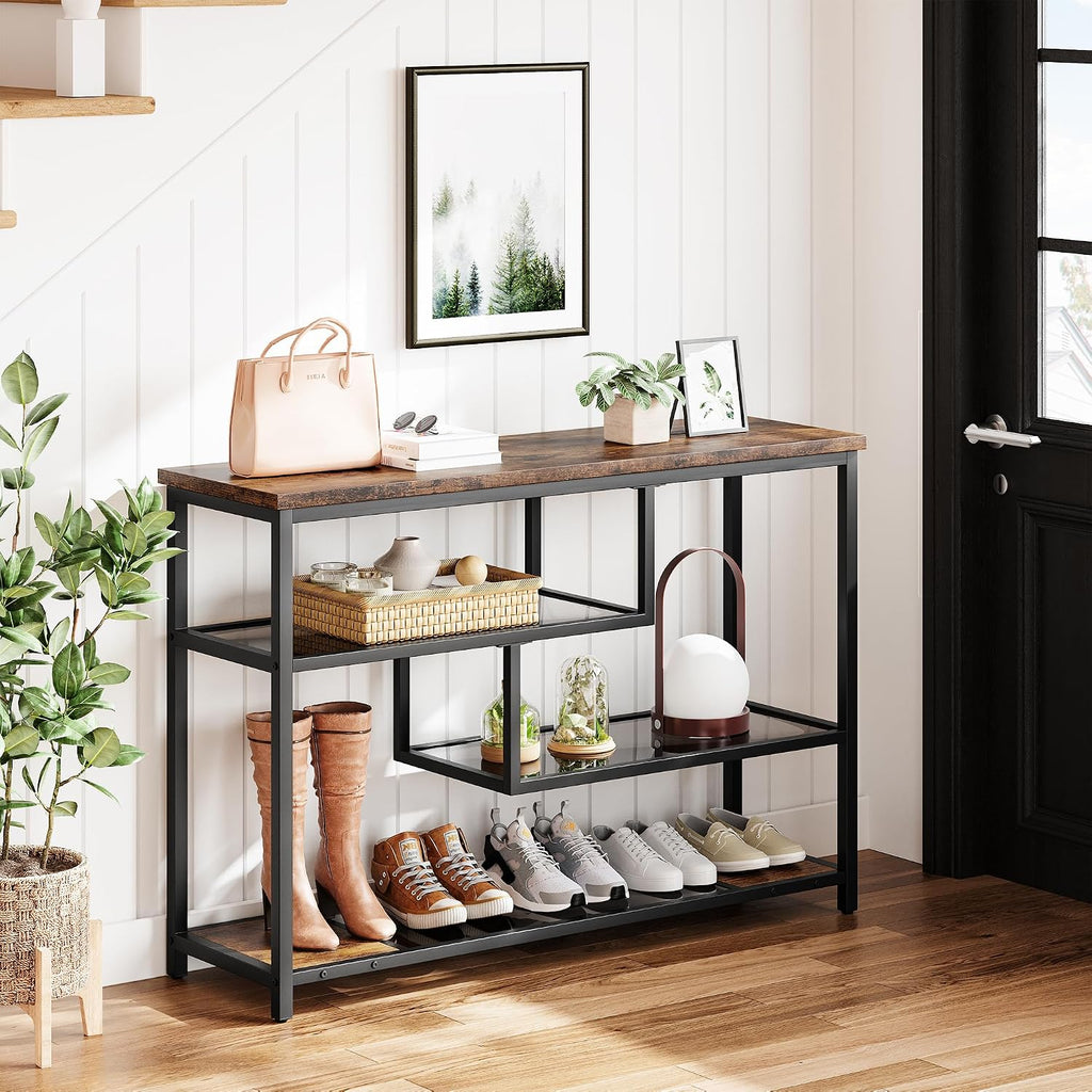 IDEALHOUSE 39.4' Console Table 4-Tier Narrow Entryway Table with Glass Storage Shelf and Metal Frame for Hallway, Living Room, Foyer, Bedroom, Corner Tables, Small Space Furniture, Rustic Brown